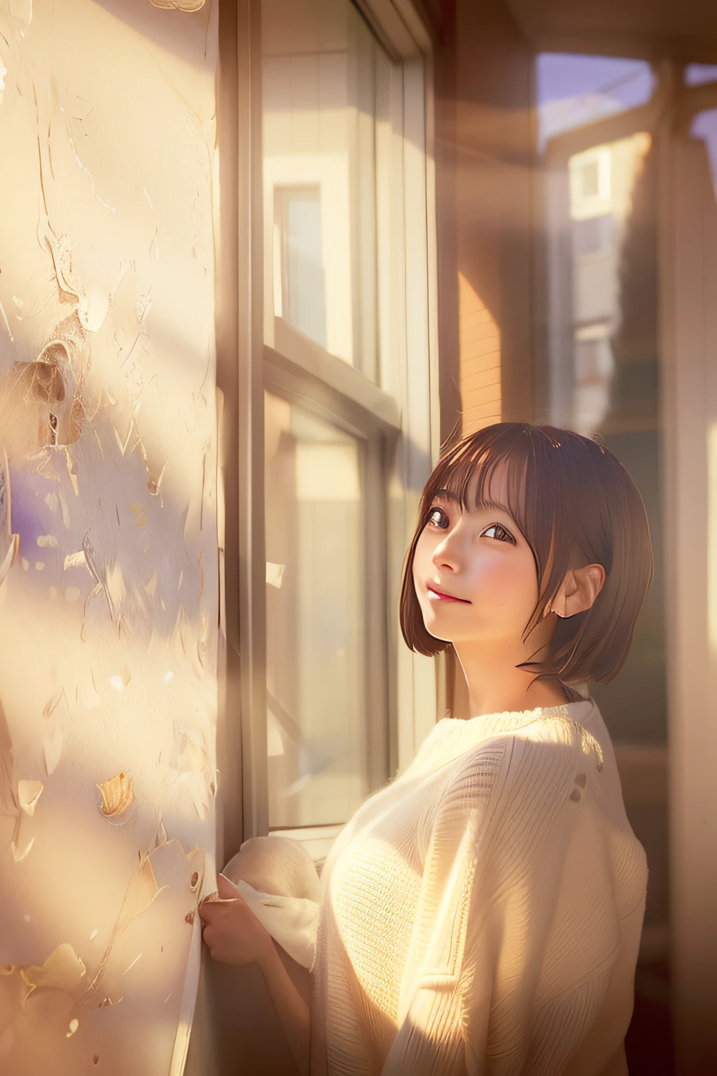 Alafed woman leaning against wall with window in background, lofi portrait at a window, Anime. Soft lighting, shikamimi, chiho, evening lighting, hime-cut, lofi-girl, soft light from the side, Kotegawa Yui, lain iwakura, morning lighting, iwakura lain, mid shot portrait