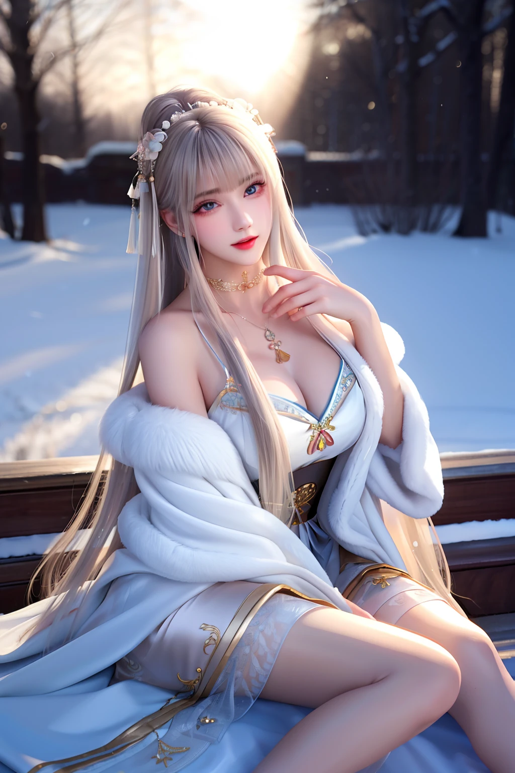 best qualityer,8K, tmasterpiece, A high resolution, 1girll, Clear silk porcelain dress, Fur coat, hair adornments,Delicate face shape,Perfect face shape, ssmile, Keep one's mouth shut, cparted lips,Large breasts,Shoulder, shift dresses, hair adornments, choker necklace, jewely, Chinese outfit, long whitr hair, 耳Nipple Ring, Detailed beautiful eyes, detailed eyelashes, beautiful face,after sexing_Body,Slender and long legs, Tyndall effect,realisticlying, edge lit, twotonelighting,(highdetailskin:1.2), 8K, Ultra HD, digital SLR camera, gentle illumination, high high quality, Volumetriclighting, Frankness, photore, A high resolution, Bokeh, at a forest, Falling snow, Winters, in the afternoon