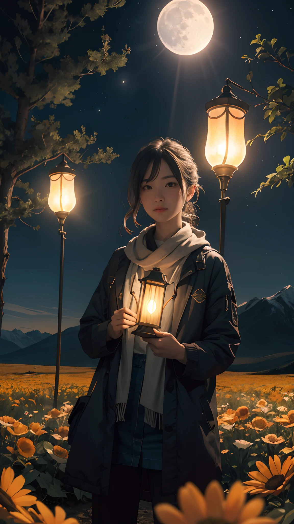 Expansive landscape photography,(a bottom view showing the sky above and open country below),a girl standing in a field of flowers looking up,(moon full:1.4),(meteors:0.9),(Starcloud:1.3),mountain in the distance,tree-breaking production art,(Warm light source:1.2),(glowworm:1.2),lamp lights,Lots of purple and orange,Complicated details,Volumetriclighting,BREAK realism(tmasterpiece: 1.2) , (best qualtiy), 4K, ultra - detailed, (Dynamic synthesis: 1.4), highly detailed, Colorful detailed, (Irridescent color: 1.2), (Bright lighting, Atmospheric lighting), dream magical, magic, (独奏: 1.2)