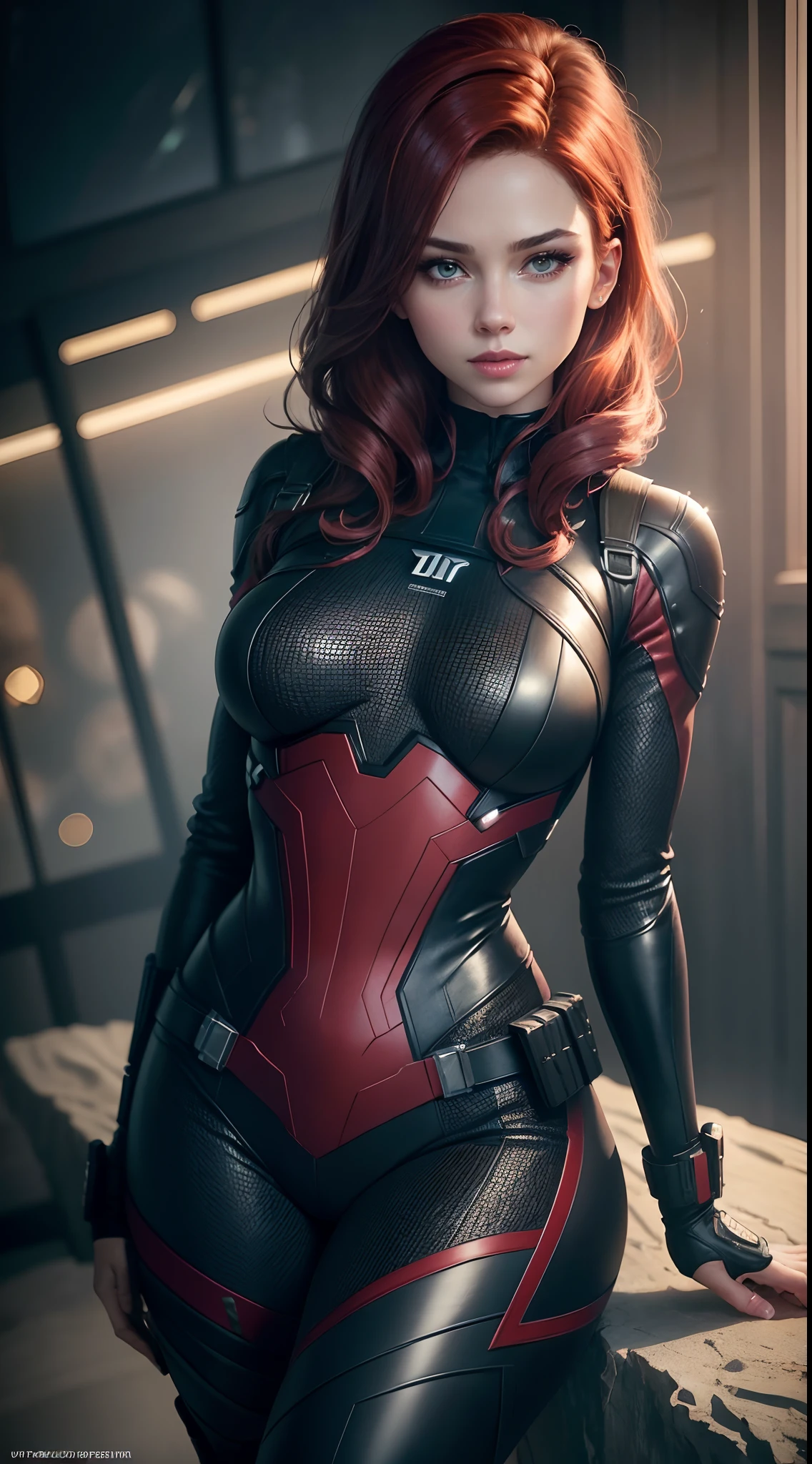 1girl, Full body, Natasha Romanoff style of the Black Widow (from marvel studios) costume, medium breasts, smile, standing random pose, (random angles), (masterpiece, best quality, detailed skin texture, detailed cloth texture, beautiful detailed face, intricate details, ultra detailed), Short red hair, (Best quality, A high resolution, Photorealistic, primitive, 8K,Masterpiece, ),Best quality, Masterpiec8K.hdr. High ribs:1.2, filmgrain, Blur bokeh:1.2, Lens flare, (vivd colour:1.2), (Delicate),