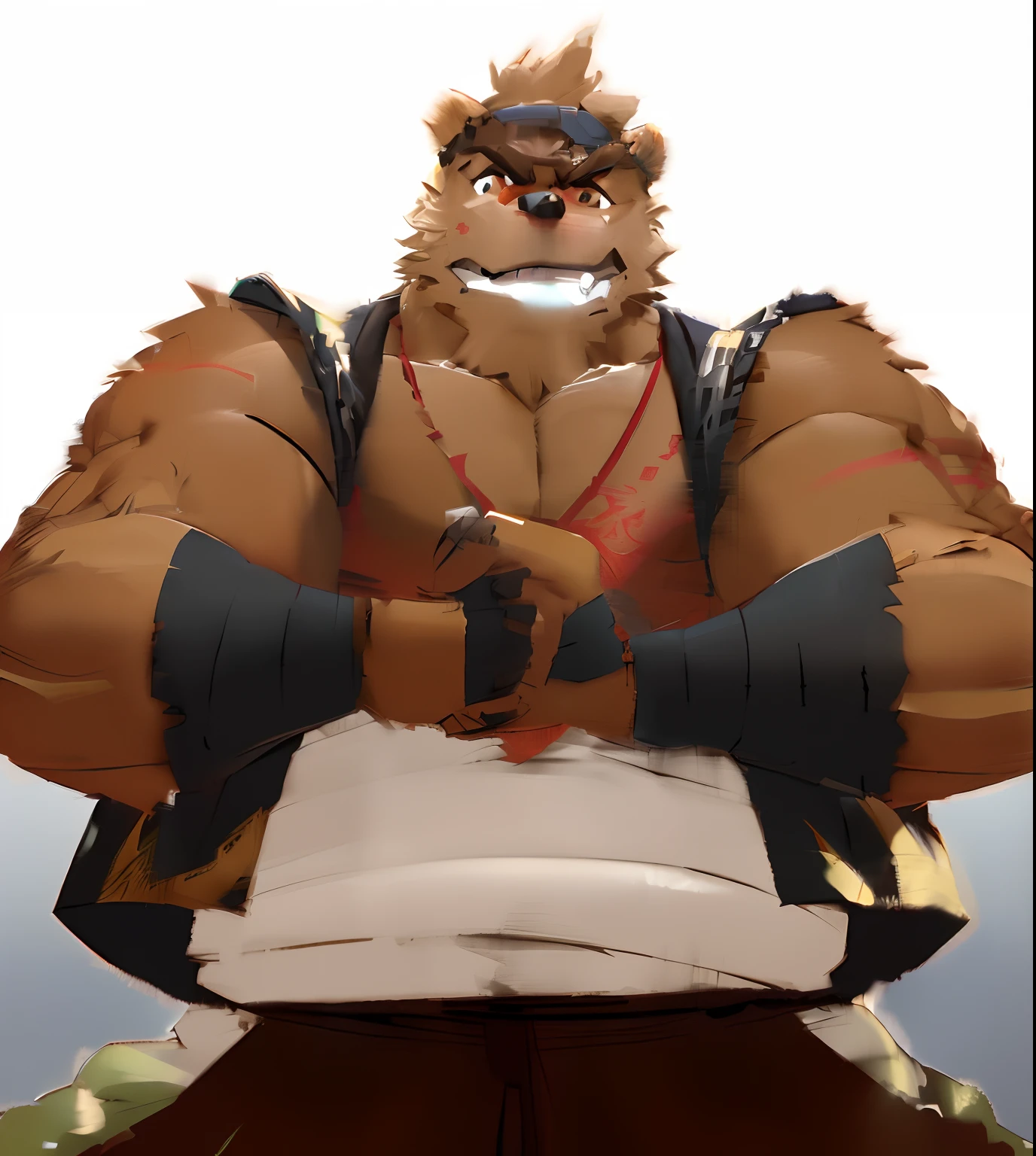 a cartoon image of a man with a big muscular body, anthropomorphic samurai bear, kazuma kaneko, as a character in tekken, muscular werewolf, koda kazuma, guilty gear art style, furry breasts, symmetry!! portrait of akuma, Julio Teteschi, yakisugi, furry anime, katsushika