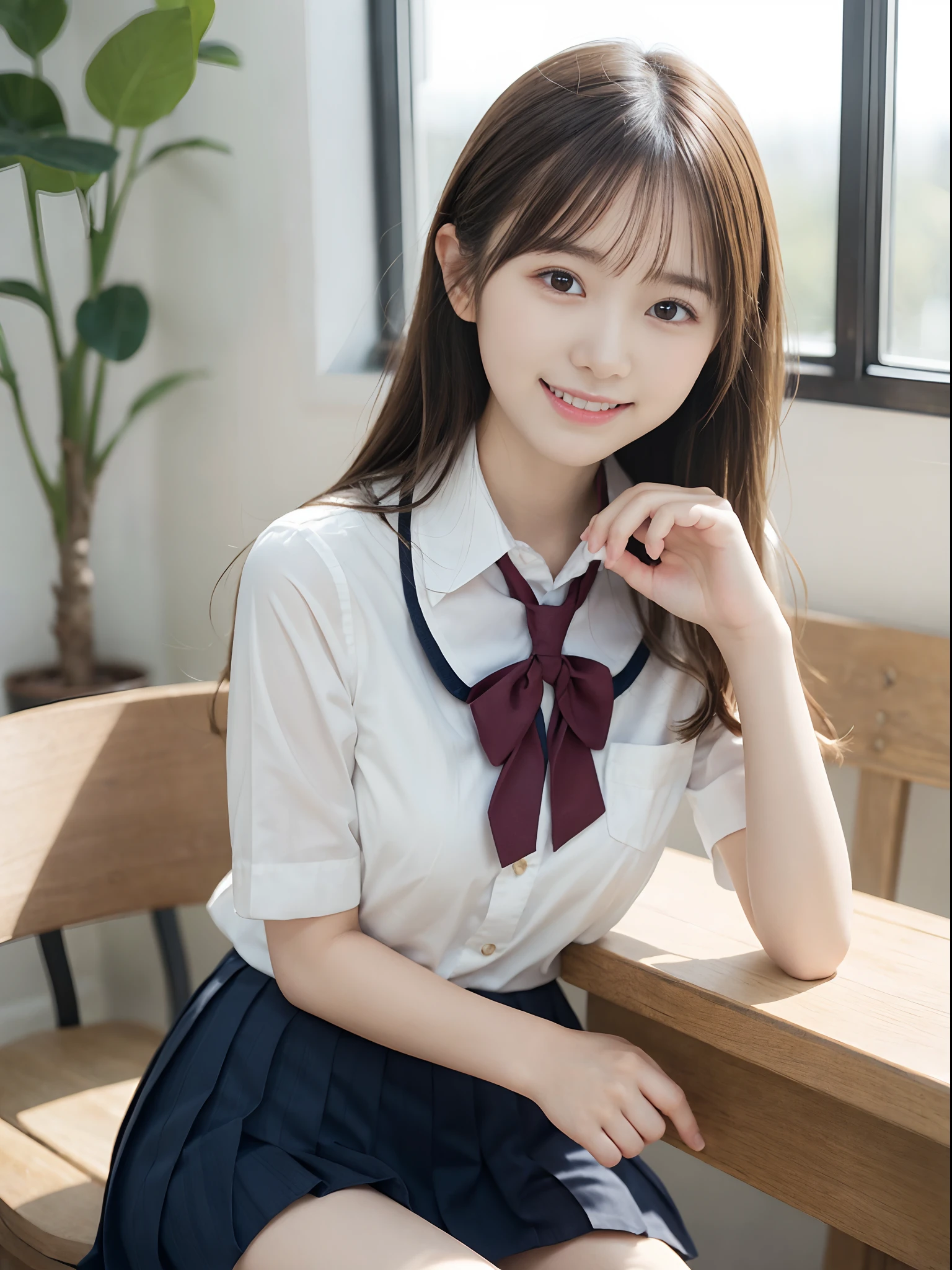 (Close up portrait of girl with slender small breasts in high school uniform:1.3)、(Cute little girl looking at me and smiling: 1.5)、(without background:1.3)、(tre anatomically correct:1.3)、(complete hands:1.3)、(complete fingers:1.3)、Photorealsitic、Raw photography、masutepiece、top-quality、Hi-Res、delicate and pretty、face perfect、Beautiful detailed eyes、Fair skin、Real Human Skin、pores、((thin legs))、(Dark hair)