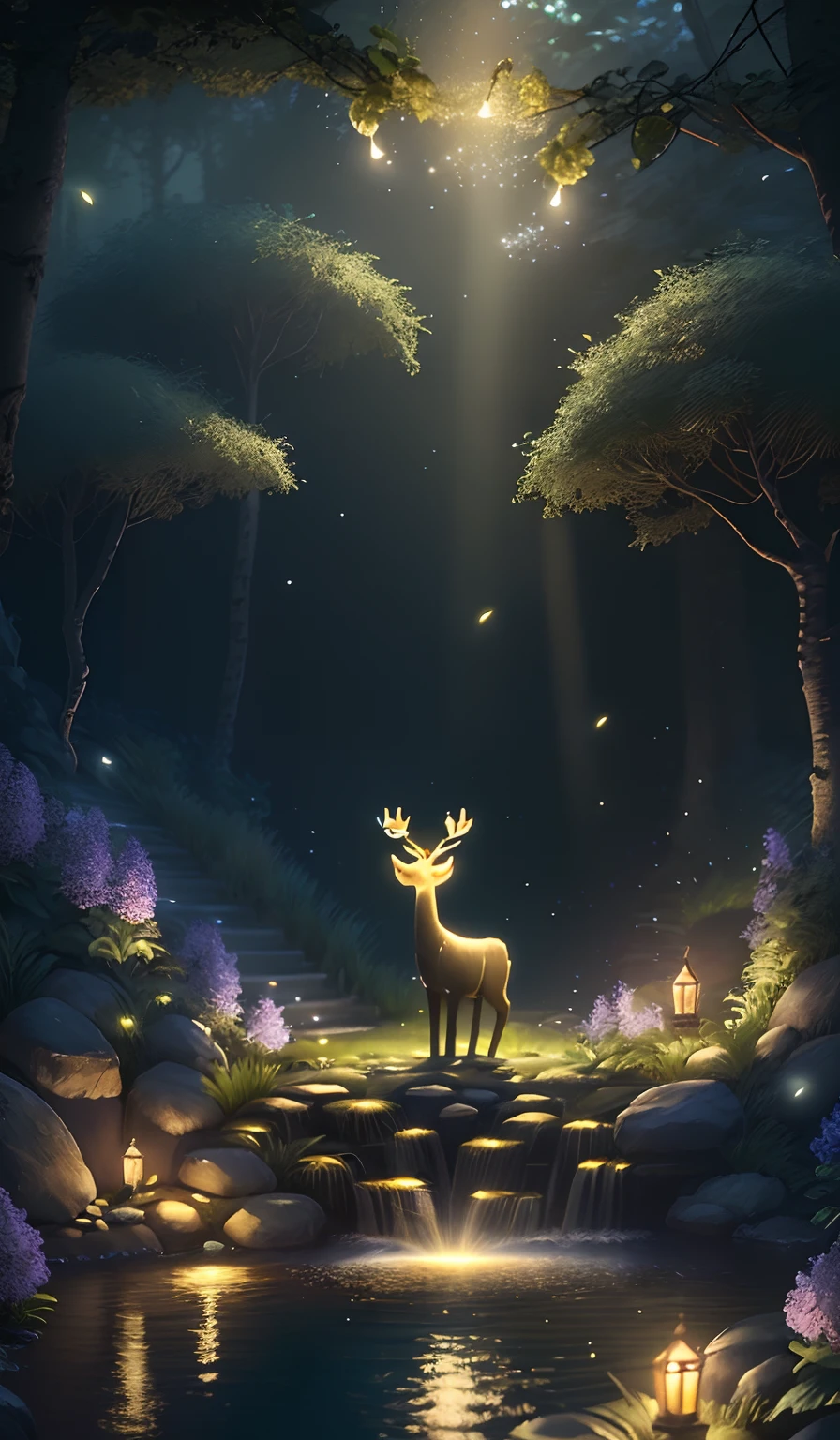 Masterpiece, best quality, (very detailed CG unity 8k wallpaper), (best quality), (best illustration), (best shadows), glow sprite, with a glowing deer, in the swimming pool Drinking water, natural elements in the forest theme. Mysterious forest, beautiful forest, nature, surrounded by flowers, delicate leaves and branches surrounded by fireflies (natural elements), (jungle theme), (leaves), (twigs), (fireflies), (particle effects) etc. 3D , Octane rendering, ray tracing, super detailed