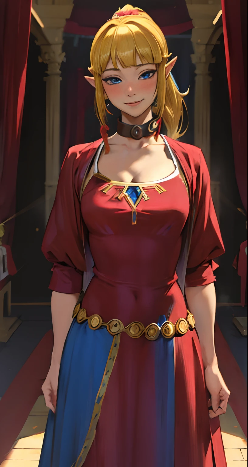 (adult:1.4)(masterpiece, best quality:1.2), (looking at viewer), princess, Zelda, red theme, long dress, blonde hair, blue eyes, palace, cowboy shot, ponytail,(blushing), (collar), (smiling:0.7),(see-through:0.3)