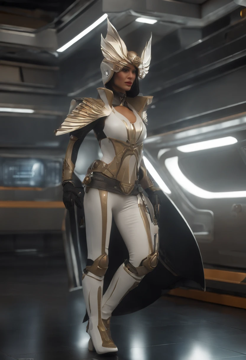 ((Calidad superior)), ((obra maestra)), ((realista)), (Los detalles), (Fotorrealista:1.5), La chica del futuro, Japoneses,(cuerpo grueso), (Traje blanco), 23years,La armadura se ilumina, Cyber hat, Abdominal exposure, Looking at the camera, face painted like black metal, dynamicposes, Science-Fiction, HDR, Trazado de rayos, NVIDIA RTX, Los ultra-Highres, Irreal 5, Sub-Surface Scatterring, Texturizado PBR, Post-procesamiento, Anisotropic filtering, Profundidad de campos, maximum sharpness and sharpness, Regla de los tercios、8K RAW、(Luminescent Particles:1.4)、(super-detailed CG、Unidad 8k Fondos de pantalla、....3D、lighting like a movie、destello de lente)、reflector、foco nítido、Arte cyberpunk、Arquitectura cyberpunk、