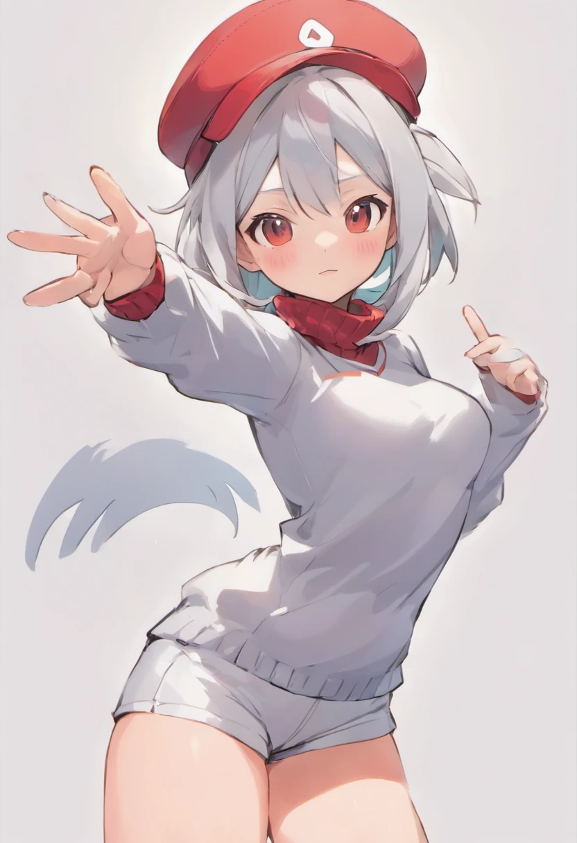 One girl、Bring your arms forward、Hand Par、Close-up of the subject's upper body、Composition of the subject seen from the front、Long Sleeve Red Turtleneck Knit Bird Illustration、White shorts、Red Cap Cap、Gray ponytail、Pose with one arm thrust forward、