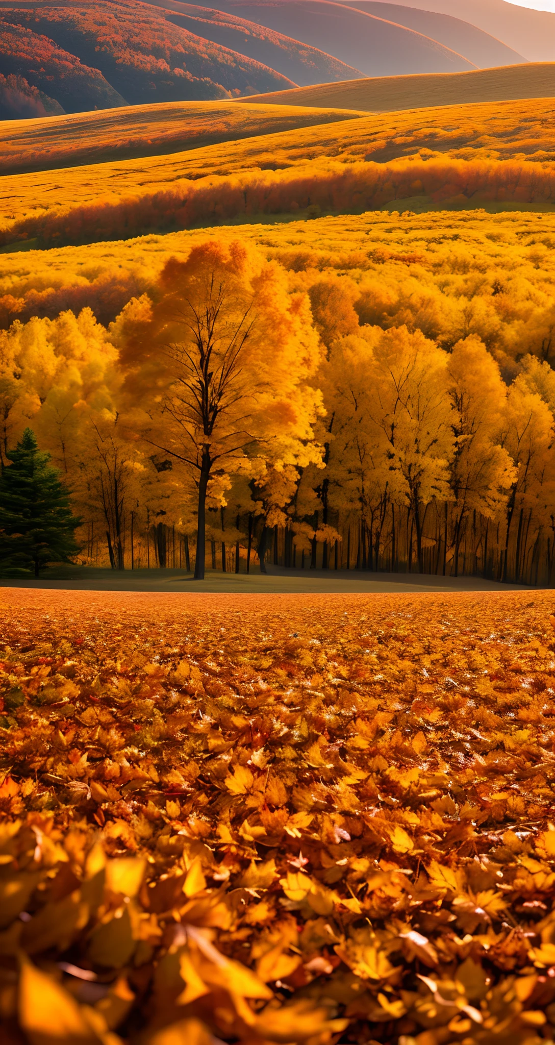 Autumn leaves, small depth of field, distant undulating mountains, sunset --auto --s2