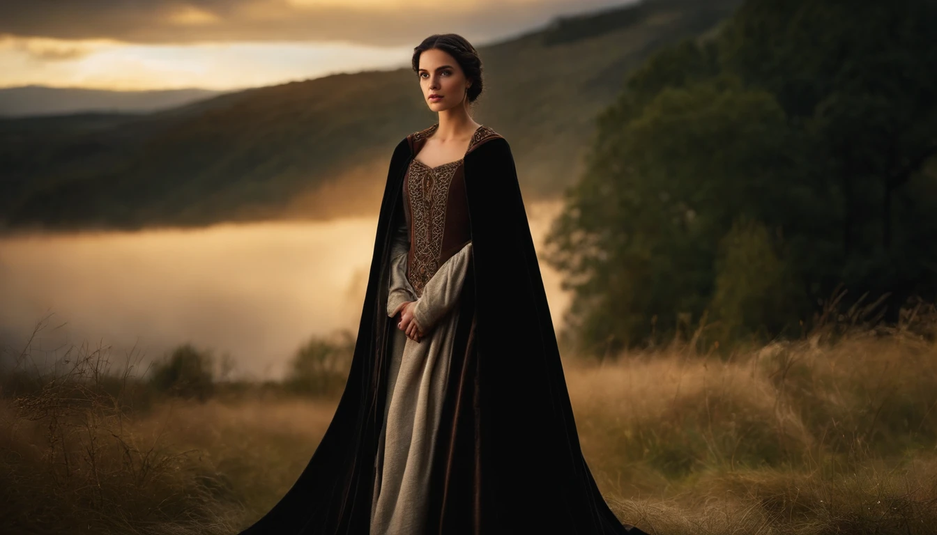 mulher em torno de 19 anos, natural black hair with mantle on head, olhos castanhos distintos, vestindo kohl, slender and graceful, Beautiful, luz de velas em um ambiente medieval, Ultra sharp focus, Filmagem realista, roupas femininas medievais, cores tetradicas