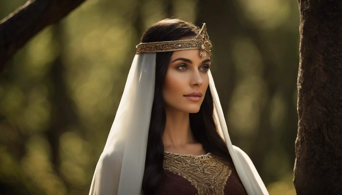 mulher em torno de 19 anos, natural black hair with mantle on head, olhos castanhos distintos, vestindo kohl, slender and graceful, Beautiful, luz de velas em um ambiente medieval, Ultra sharp focus, Filmagem realista, roupas femininas medievais, cores tetradicas