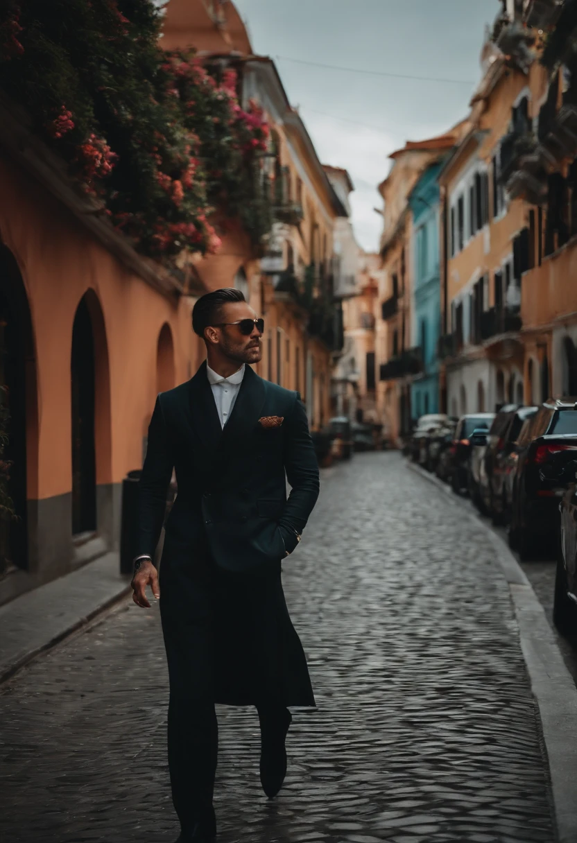 Um homem de cabelos castanhos elegante e sofisticado passeando confiantemente por uma cidade movimentada em um elegante terno preto.