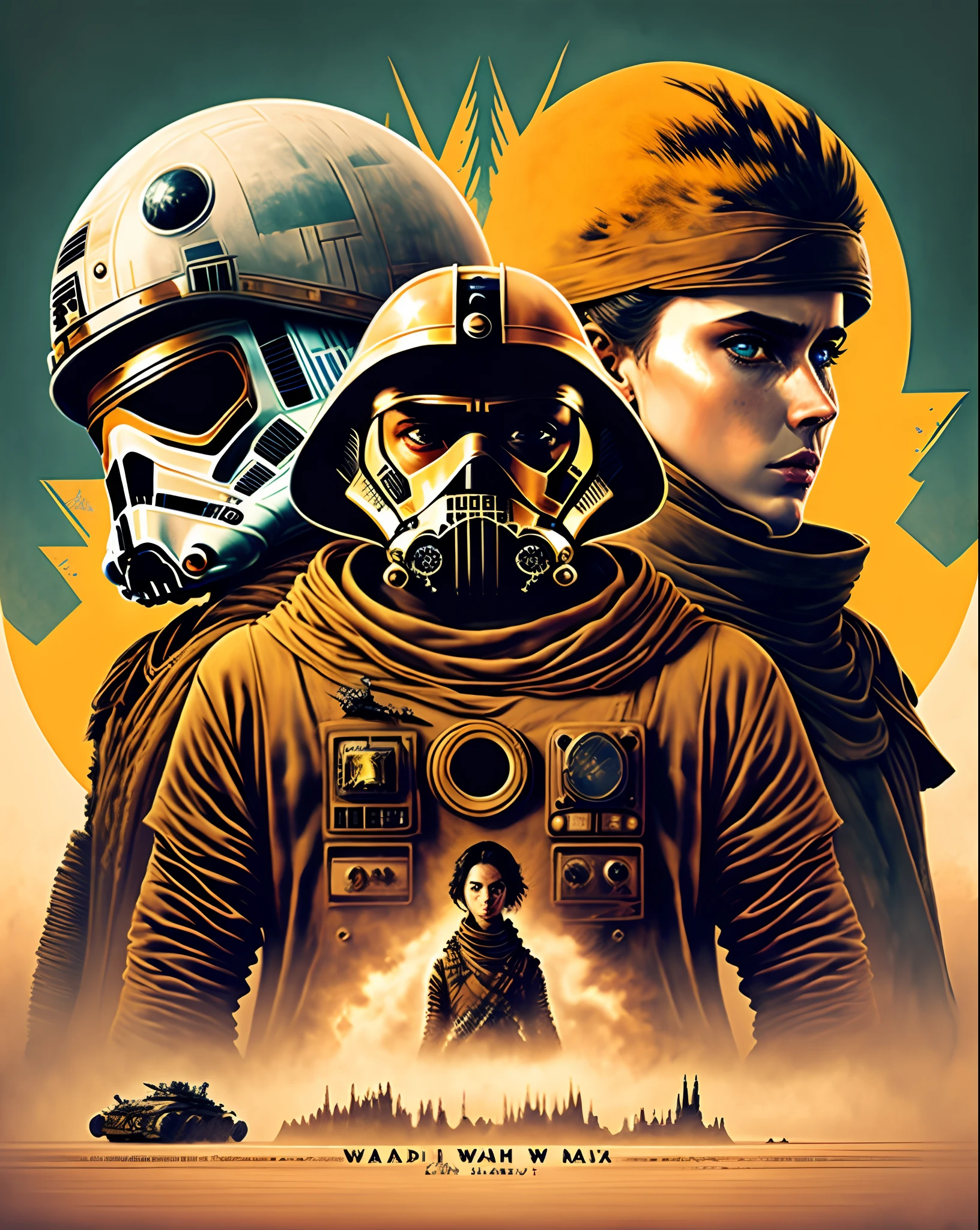 cover of a mix of two films together, Star War and Mad Max