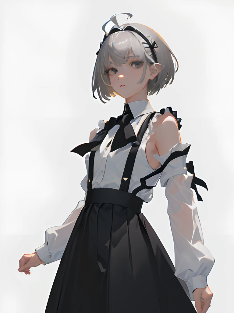 ((masterpiece, top quality), (one girl), (solo), (female focus), (ahoge, gray hair, short hair), black eyes, (white shirt), (black skirt), (black skirt), standing, white background, arms behind