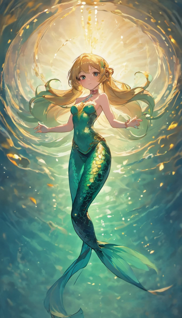 Mermaid swimming gracefully in the sea,
Golden scales,
naked,
blonde,
Earlobes are fins,
elegantly spread caudal fin,
full body shot