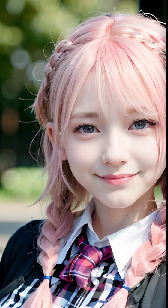 (ultra-detailliert), Tartan check jacket,high-school uniform、Blue eyes,The upper part of the body、a closeup、faces、(A smile:1.5),(facing front:1.2), 20yr old, s girl,no tail,(no tail),2D, masterpiece, top-quality, animesque, A detailed eye, A detailed face, girl with, Only 1 person,Medium hair with pink hair, (Pink hair), Ear Hair, small tits, Single braid, (Single braid), (Side braid), Pink ribbon, Ribbon around the neck, Background bokeh