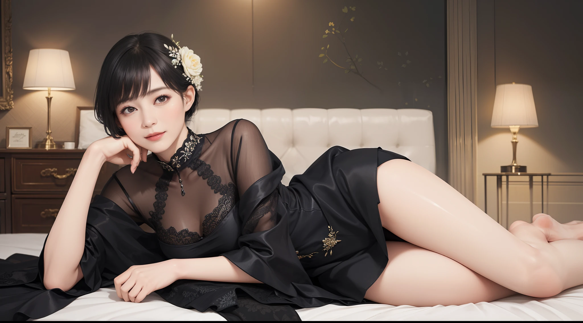 ((Best Quality))), (8K picture quality), ((masutepiece)), (Very sophisticated、Beautiful fece), (wearing dresses) , (1womanl), (Black Shorthair), Dress up, with floral pattern, Soft silk fabric, 电影灯光, Gentle expression, A slight smil, Luxurious interior