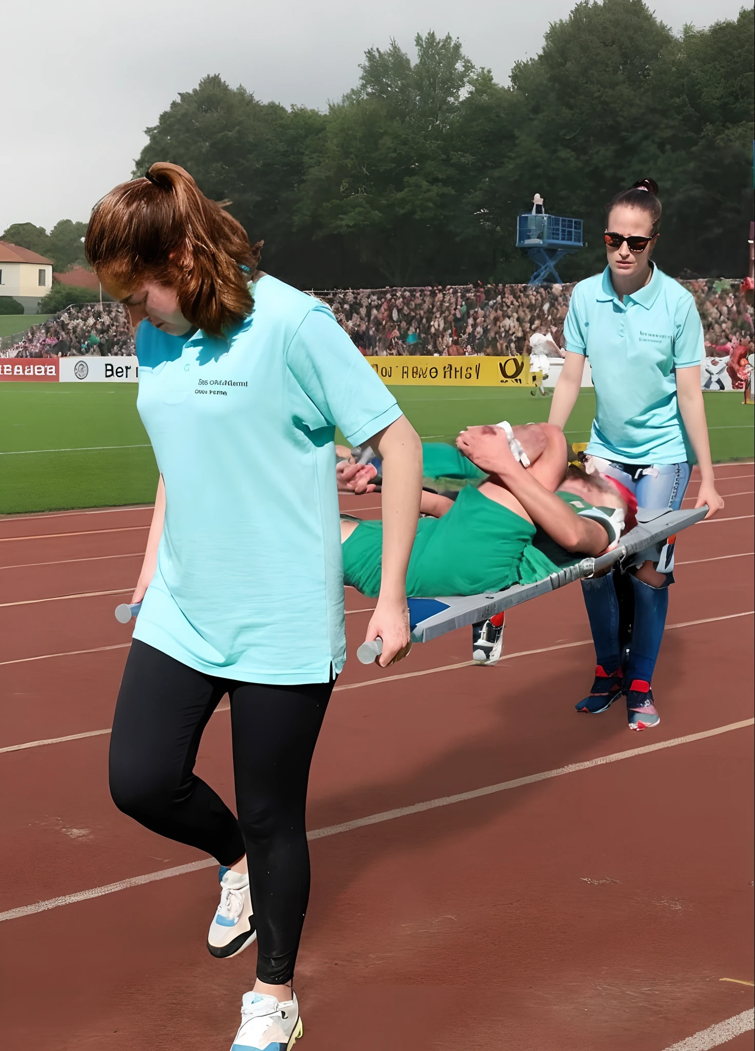 There is a man lying on his back on a stretcher with his hands grabbing his hurting leg, a man in a t-shirt and sports shorts has put his hands on his injured leg, the man has an agonised face looking to the sky, two horny looking longhaired and ponytailed women that are wearing very shiny coats, there are longhaired women with horny faces wearing laquered puffy coats, longhaired women are walking in wetlook puffy coats, several women walking around a football field with an injured athlete on a stretcher, the injured athlete on the stretcher is grabbing his injured leg with both hands, the women look very worried, behind the women there is a frightening atmosphere, there is heavy rainfall in the background, video still, behind the scenes, pity, china, erotic, horny, drama, women in shiny coats are carrying a man on a stretcher in a field, football hooligans, over-shoulder shot, on a soccer field, very sad, sad scene, realistic scene, injured, on the field, photo taken from behind, over the shoulder shot, looking partly to the left, on a football field, realistic shot