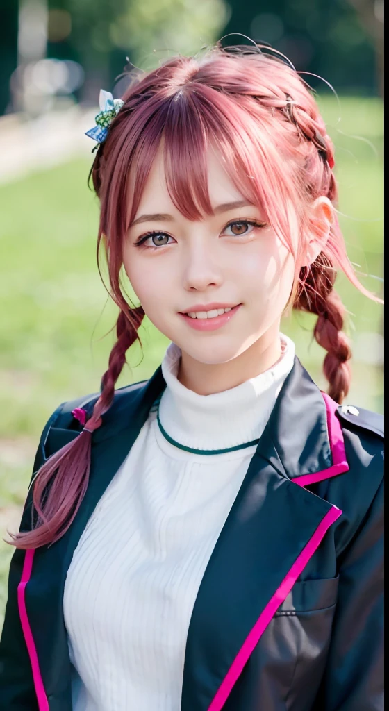 (ultra-detailliert), Tartan check jacket,high-school uniform、Blue eyes,The upper part of the body、a closeup、faces、(A smile:1.5),(facing front:1.2), 20yr old, teens girl,no tail,(no tail),2D, ​masterpiece, top-quality, animesque, A detailed eye, A detailed face, girl with, Only 1 person,Medium hair with pink hair, (Pink hair),  Ear Hair, small tits, Single braid, (Single braid), (Side braid), Pink ribbon, Ribbon around the neck, Background bokeh