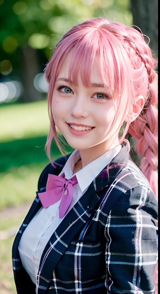 (ultra-detailliert), Tartan check jacket,high-school uniform、Blue eyes,The upper part of the body、a closeup、faces、(A smile:1.5),(facing front:1.2), 20yr old, teens girl,no tail,(no tail),2D, ​masterpiece, top-quality, animesque, A detailed eye, A detailed face, girl with, Only 1 person,Medium hair with pink hair, (Pink hair),  Ear Hair, small tits, Single braid, (Single braid), (Side braid), Pink ribbon, Ribbon around the neck, Background bokeh