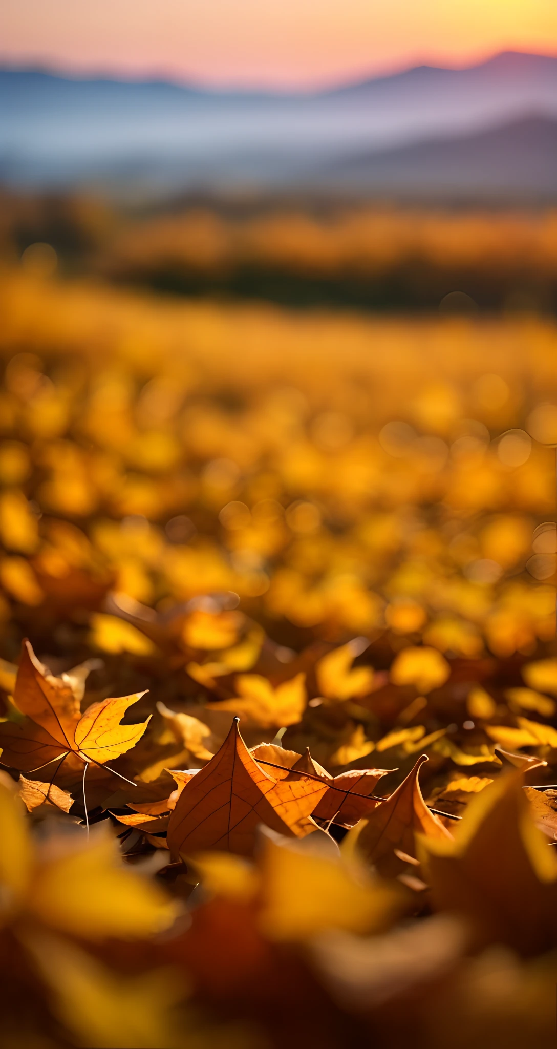 Autumn leaves, small depth of field, distant undulating mountains, sunset --auto --s2