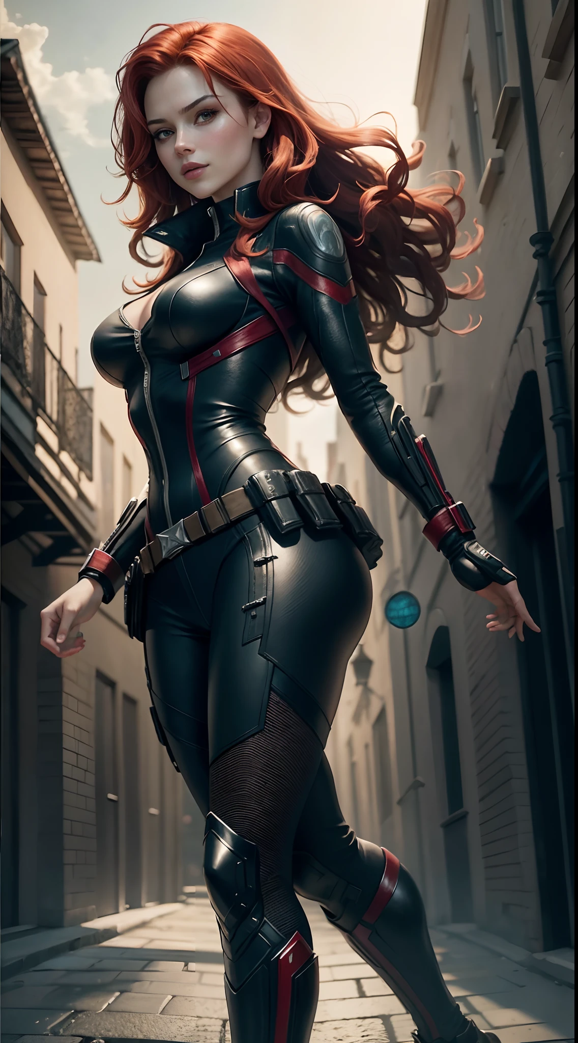 1girl, Full body:1.1, Natasha Romanoff style of the Black Widow (from marvel universe)costume, medium breasts, on an alien planet, (masterpiece, best quality, detailed skin texture, detailed cloth texture, beautiful detailed face, intricate details, ultra detailed), short wavy red hair, whole body, random pose, fighting pose, looking back, from below, bottom Engles, (Best quality, A high resolution, Photorealistic, primitive, 8K,Masterpiece, ),Best quality, Masterpiec8K.hdr. High ribs:1.2, filmgrain, Blur bokeh:1.2, Lens flare, (vivd colour:1.2), (Delicate),