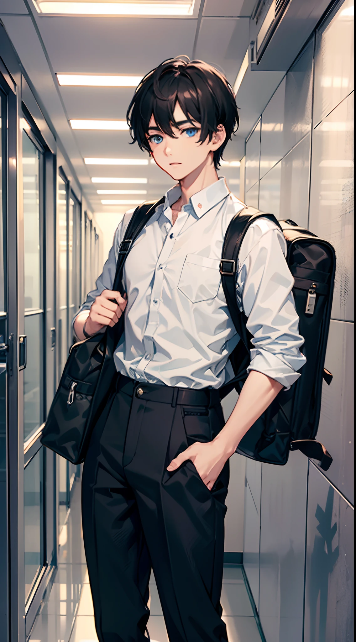 1 boy 19 years old, blue eyes, black hair, white school shirt, black khaki pants, neat clothes, tuck in shirt, carry a student backpack on shoulder, bring a student backpack, students, school hallway, extremely detailed, best graphics, 8k, ultrasharp, masterpiece