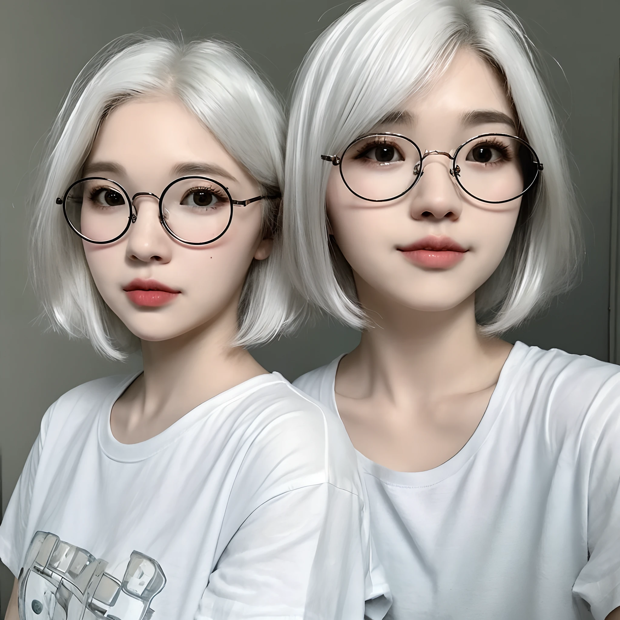 one asian girl, double eyelid, droopy eyes, small nose, round glasses, white hair, short hair, perm hair, white big T-shirt