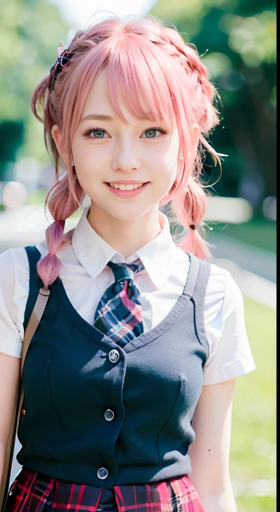 (ultra-detailliert), Tartan check jacket,high-school uniform、Blue eyes,The upper part of the body、a closeup、faces、(A smile:1.5),(facing front:1.2), 20yr old, teens girl,no tail,(no tail),2D, ​masterpiece, top-quality, animesque, A detailed eye, A detailed face, girl with, Only 1 person,Medium hair with pink hair, (Golden hair),  Ear Hair, small tits, Single braid, (Single braid), (Side braid), Golden Ribbon, Ribbon around the neck, Big city background