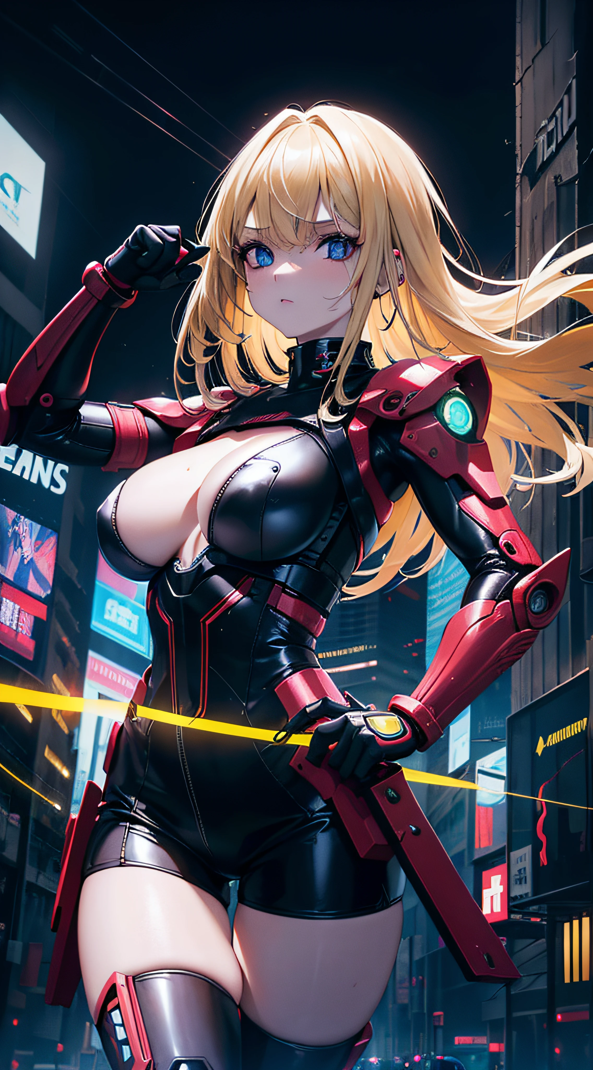 (extremadamente detallado, obra maestra, La mejor calidad), intense illumination, mujer joven rubia dentro de exoesqueleto cyberpunk. luces de neon, cables, entorno industrial. armamento pesado, Giant fists. garras en los brazos roboticos.