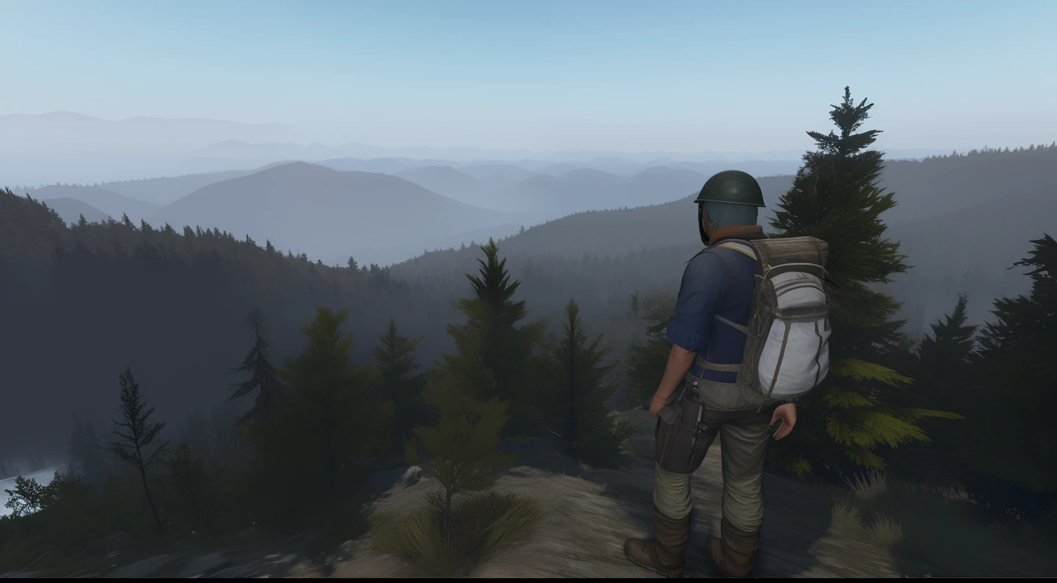 There's a man standing on a mountain looking at a map, em dayz, dayz, Floresta remota de Velly, com vista para uma vasta floresta serena, com vista para um terreno baldio desolado, com cryengine, hunter alone in the desert, ambiente altamente detalhado, com vista para um vale, Forrest em segundo plano, no trees , hiper detalhado, Forrest em segundo plano, arma 3 screenshot
