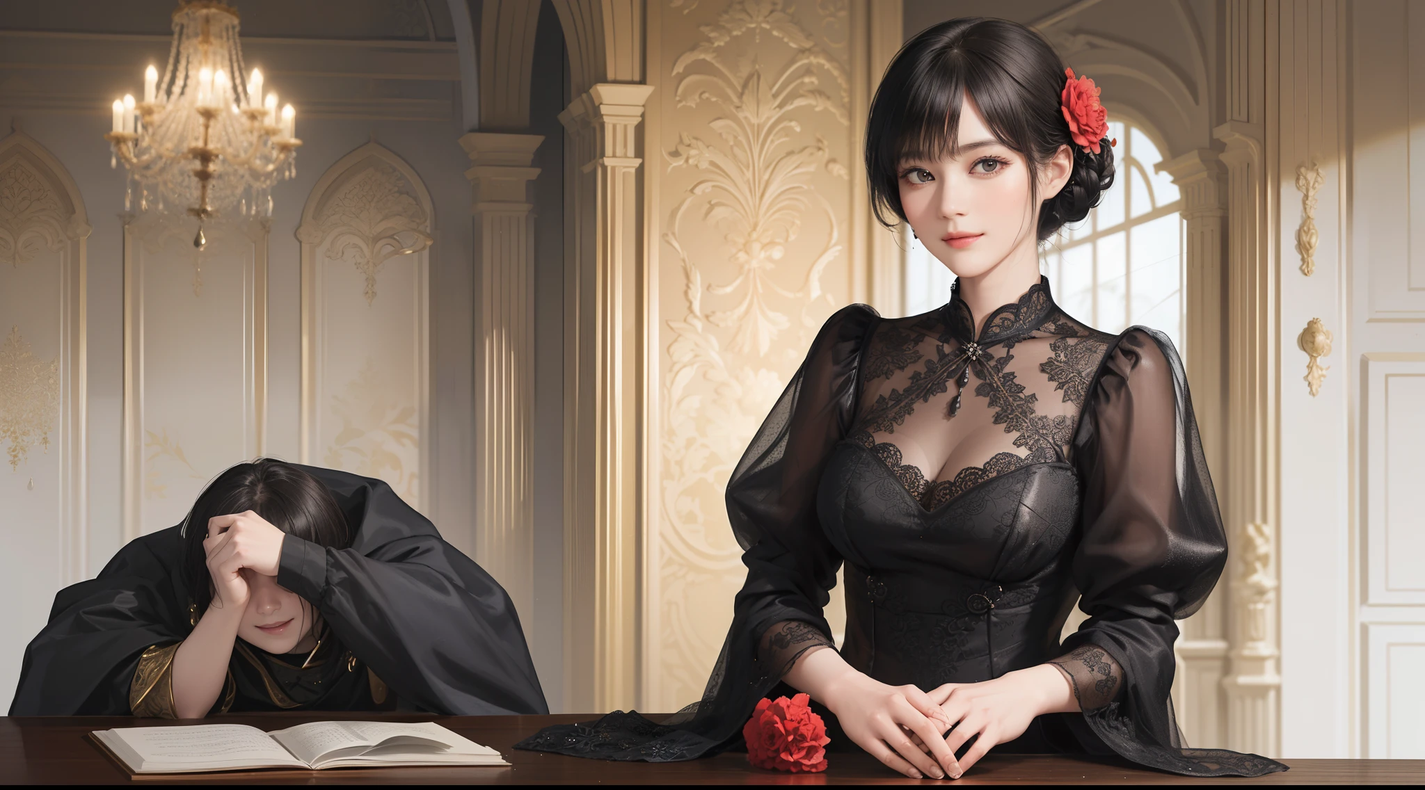 ((Best Quality))), (8K picture quality), ((masutepiece)), (Very sophisticated、Beautiful fece), (wearing dresses) , (1womanl), (Black Shorthair), Dress up, with floral pattern, Soft silk fabric, 电影灯光, Gentle expression, A slight smil, Luxurious interior