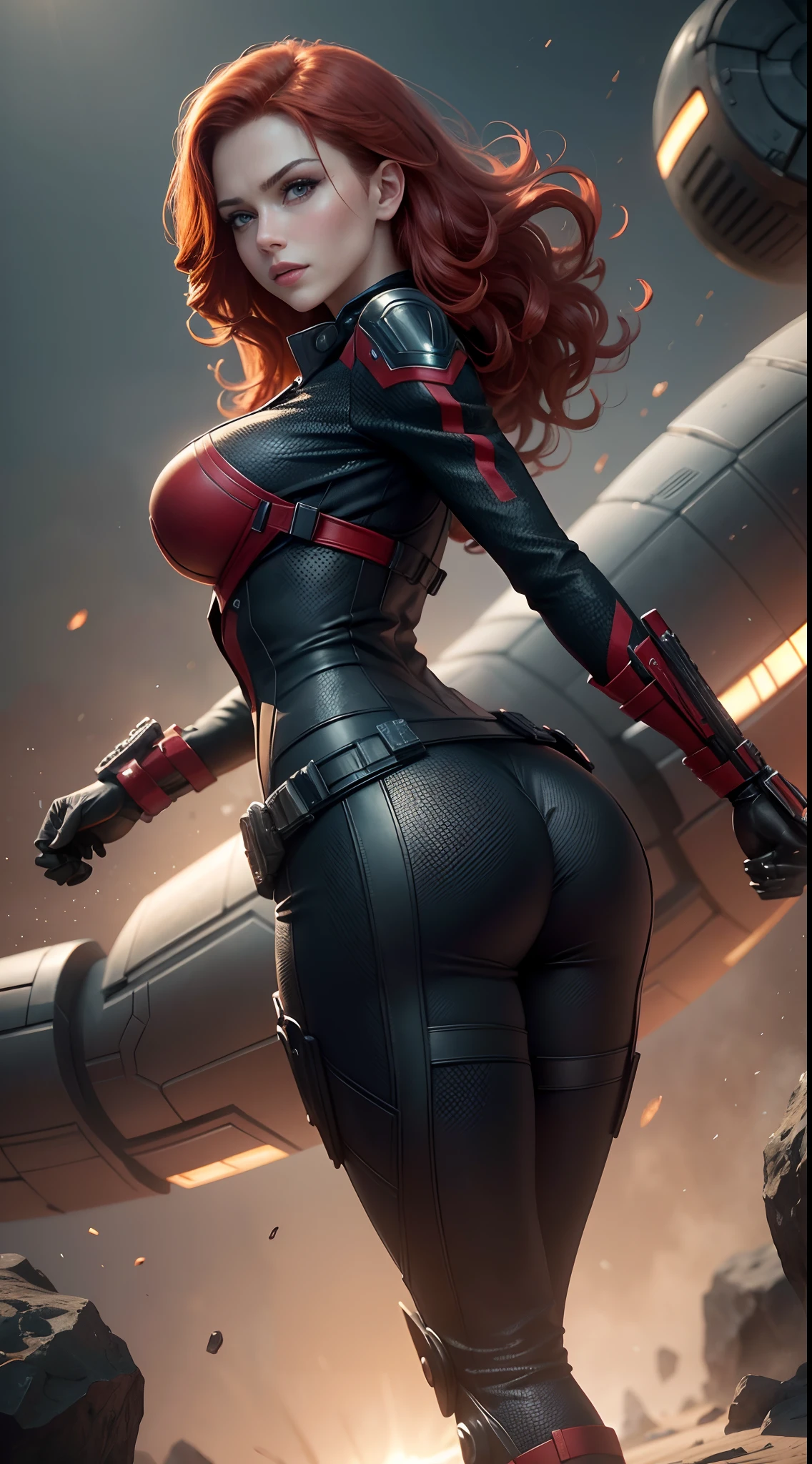 1girl, Full body:1.1, Natasha Romanoff style of the Black Widow (from marvel universe)costume, medium breasts, on an alien planet, (masterpiece, best quality, detailed skin texture, detailed cloth texture, beautiful detailed face, intricate details, ultra detailed), short wavy red hair, whole body, smile, random pose, fighting pose, ((looking back)), from below, bottom Engles, (Best quality, A high resolution, Photorealistic, primitive, 8K,Masterpiece, ),Best quality, Masterpiec8K.hdr. High ribs:1.2, filmgrain, Blur bokeh:1.2, Lens flare, (vivd colour:1.2), (Delicate),