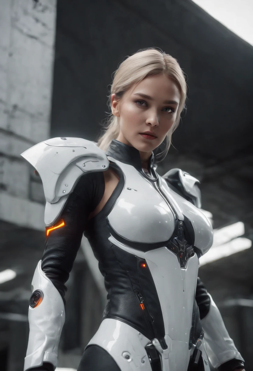 ((Calidad superior)), ((obra maestra)), ((realista)), (Los detalles), (Fotorrealista:1.5), La chica del futuro, Japoneses,(cuerpo grueso), (Traje blanco), 23years,La armadura se ilumina, Cyber hat, Abdominal exposure,Looking at the camera, dynamicposes, Science-Fiction, HDR, Trazado de rayos, NVIDIA RTX, Los ultra-Highres, Irreal 5, Sub-Surface Scatterring, Texturizado PBR, Post-procesamiento, Anisotropic filtering, Profundidad de campos, maximum sharpness and sharpness, Regla de los tercios、8K RAW、(Luminescent Particles:1.4)、(super-detailed CG、Unidad 8k Fondos de pantalla、lighting like a movie、destello de lente)、black metal face, blood, cyber fists, wings, fire, lighted eyes, reflector、foco nítido、Arte cyberpunk、Arquitectura cyberpunk、