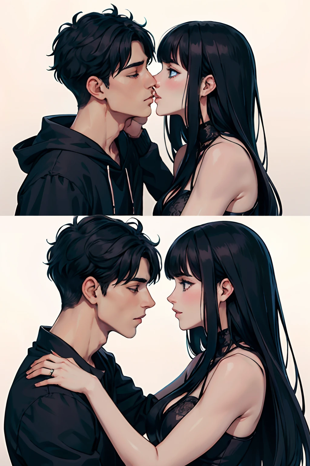 Pale man long black hair and black clothes kissing a pale woman with black hair with bangs