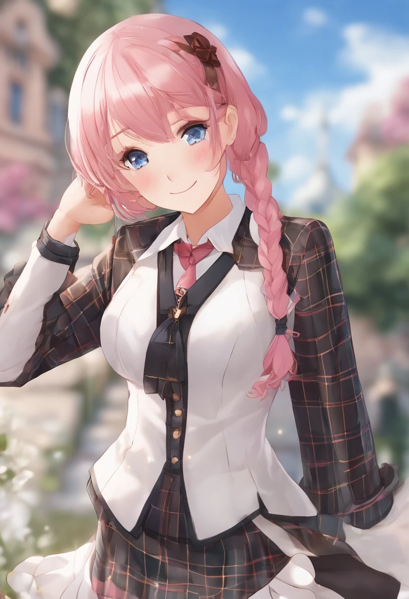 (ultra-detailliert), Tartan check jacket,high-school uniform、Blue eyes,The upper part of the body、a closeup、faces、(A smile:1.5),(facing front:1.2), 20yr old, teens girl,no tail,(no tail),2D, masterpiece, top-quality, animesque, A detailed eye, A detailed face, girl with, Only 1 person,Medium hair with pink hair, (Pink hair), Ear Hair, small tits, Single braid, (Single braid), (Side braid), Pink ribbon, Ribbon around the neck, Background bokeh
