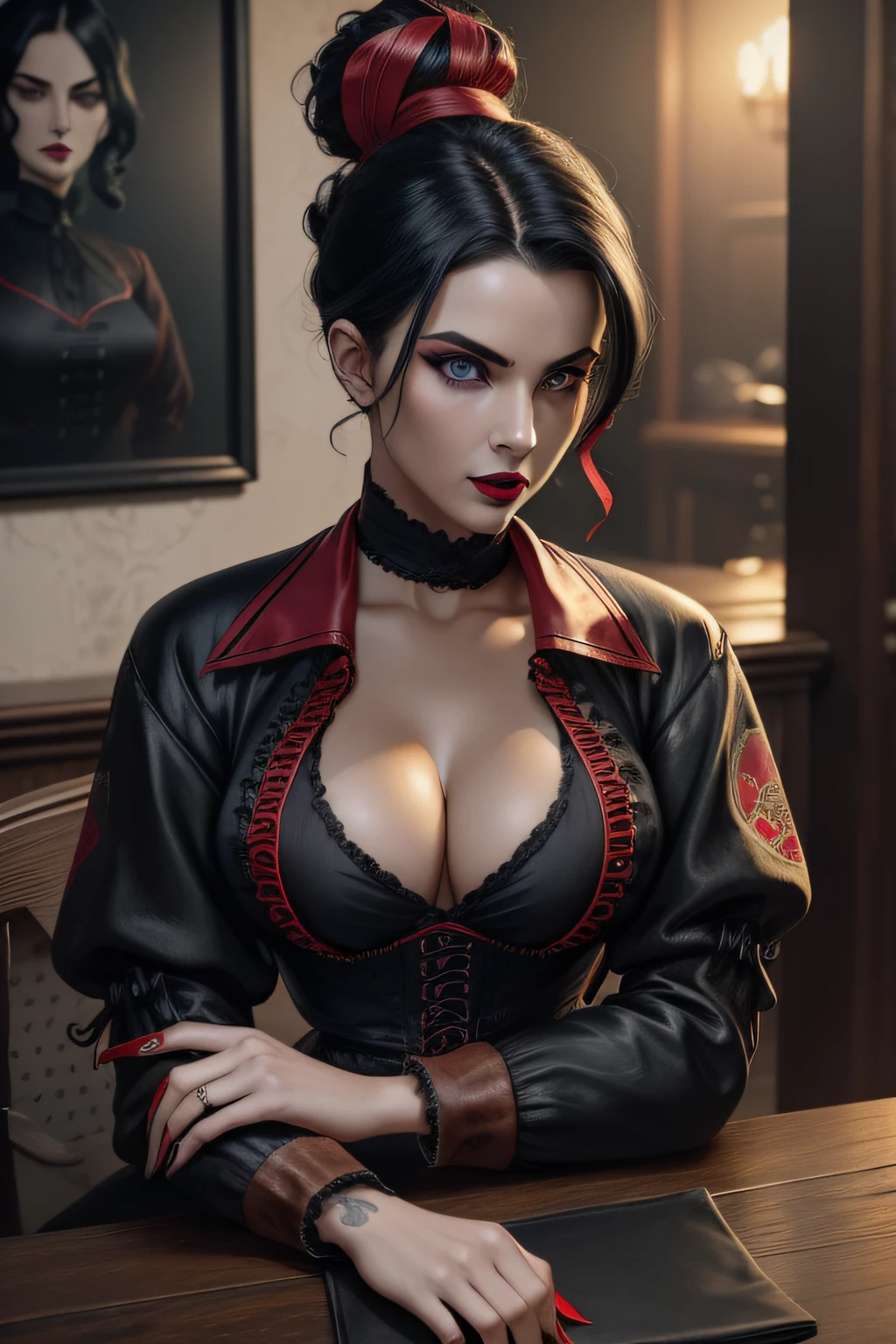 Gang leader, woman, London 1814 year, overcast, sitting at the table in her office, athletic physique, neckline, tattoos on torso, ((black-red vintage clothing:1.5)), matte top hat, black coat, sly look, roughened appearance, cinematic, cannon 6d, octane render, vintage aesthetic, mysterious aura, dark atmosphere, detailed face, mysterious aura, bright skin, short black hair, detailed intense blue eyes, arched eyebrows, dark makeup, full lips, dark red lipstick