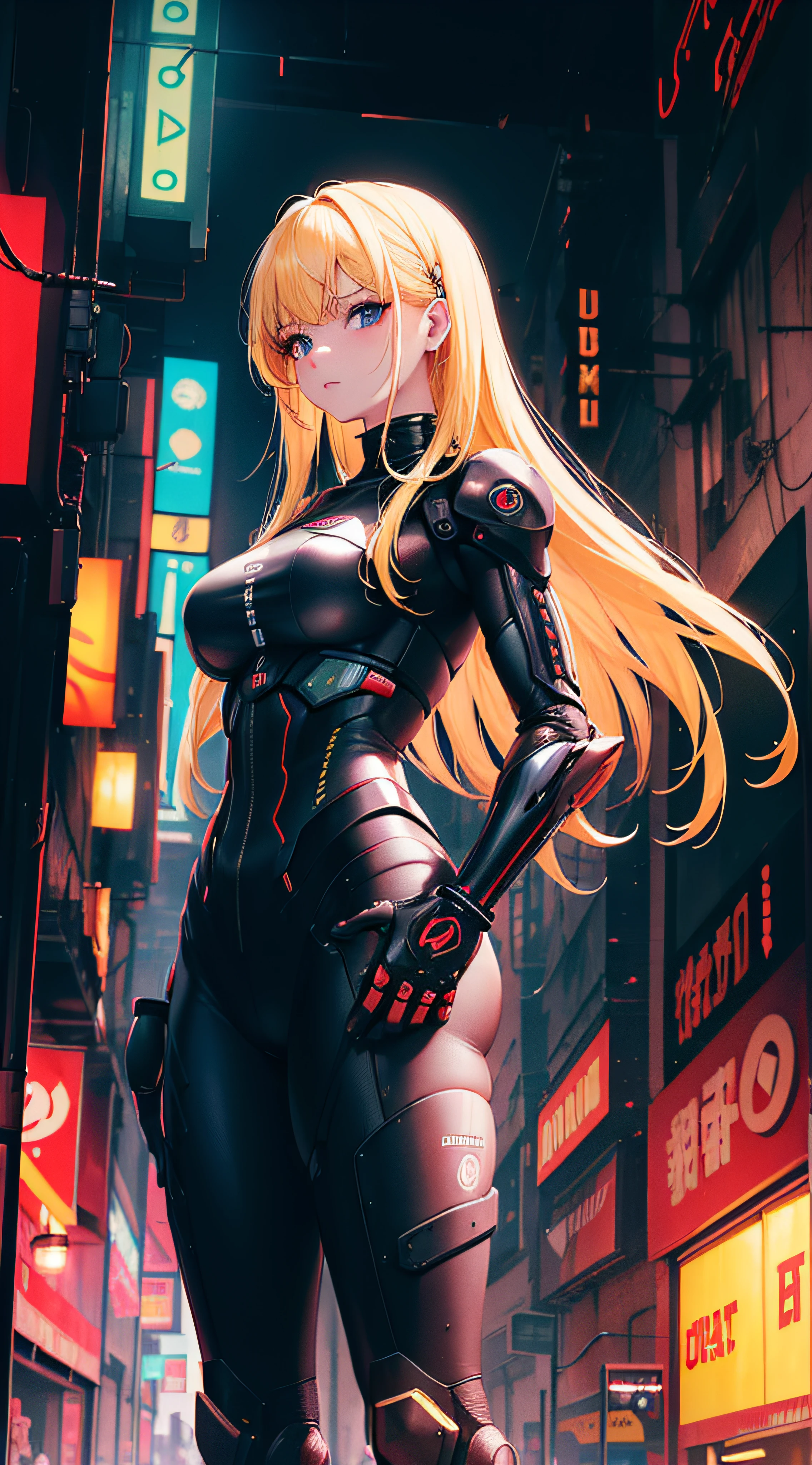 masterpiece, best quality, highres, bbsaren, long hair, blonde hair, ponytail, hair bow, black bow, blunt bangs, pointy ears, large breasts, <lora:saren_v1:0.7>, cyberpunk, bodysuit, gloves, standing, night, city, street,