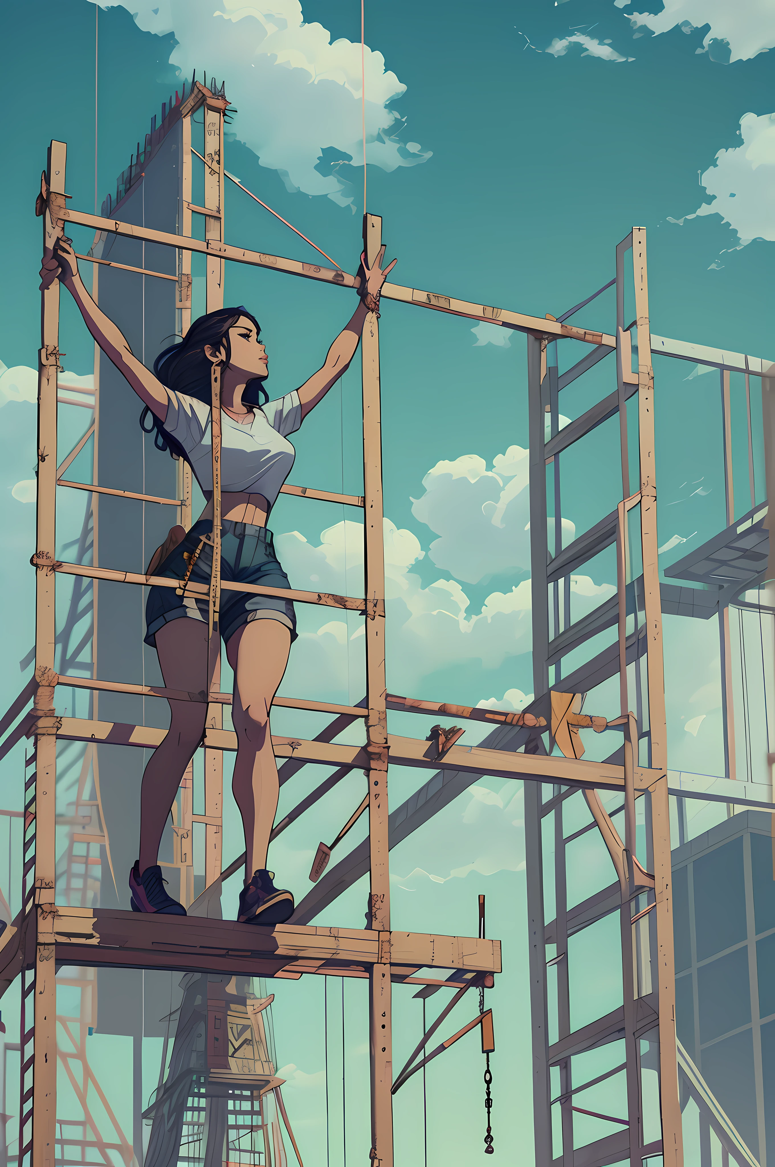 A beautiful woman walking over a construction site scaffolding , outstretched arms, balancing