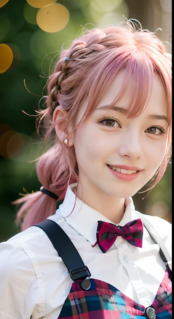 (ultra-detailliert), Tartan check jacket,high-school uniform、Blue eyes,The upper part of the body、a closeup、faces、(A smile:1.5),(facing front:1.2), 20yr old, s girl,no tail,(no tail),2D, masterpiece, top-quality, animesque, A detailed eye, A detailed face, girl with, Only 1 person,Medium hair with pink hair, (Pink hair), Ear Hair, small tits, Single braid, (Single braid), (Side braid), Pink ribbon, Ribbon around the neck, Background bokeh