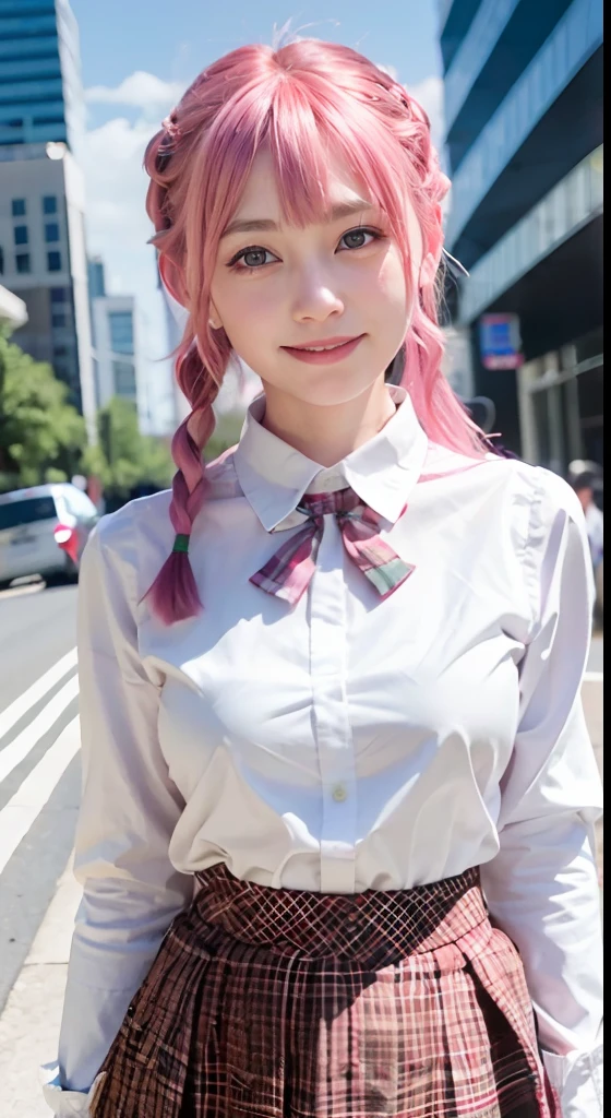 (ultra-detailliert), Tartan check jacket,high-school uniform、Blue eyes,The upper part of the body、a closeup、faces、(A smile:1.5),(facing front:1.2), 20yr old, teens girl,no tail,(no tail),2D, masterpiece, top-quality, animesque, A detailed eye, A detailed face, girl with, Only 1 person,Medium hair with pink hair, (Pink hair), Ear Hair, small tits, Single braid, (Single braid), (Side braid), Pink ribbon, Ribbon around the neck, Big city background