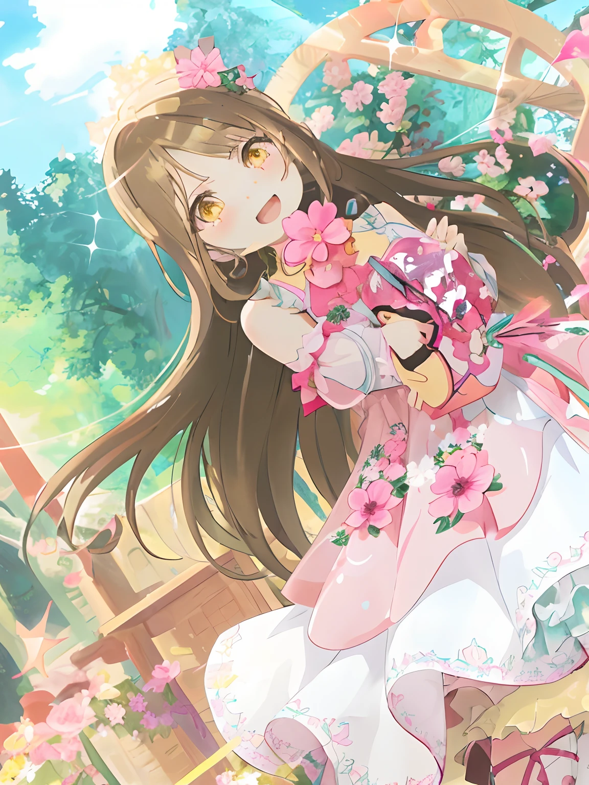anime girl in a pink dress holding a pink flower, cute anime waifu in a nice dress, pretty anime girl, loli in dress, beautiful anime girl, cute anime girl, splash art anime loli, anime princess, anime visual of a cute girl, beautiful anime, (anime girl), beautiful alluring anime teen, anime moe artstyle, brown hair with blonde highlights, yellow eyes, smile, open mouth