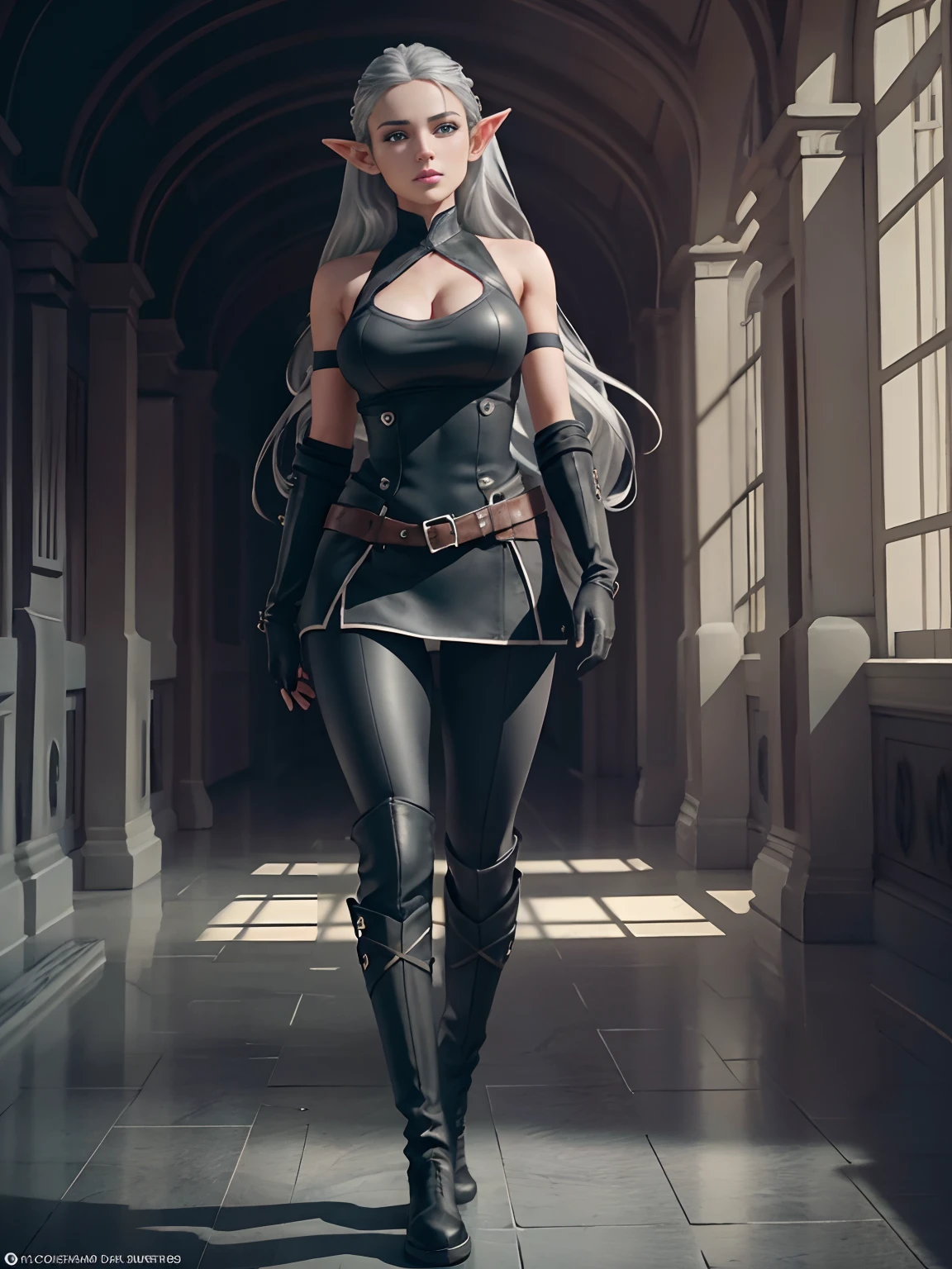 full body portrait of beautiful 1girl, (pretty face:1.5),(supermodel),(queen:0.3),solo, elf ((milf)), (very long) silver hair, tied in a knot, uniform, (black knee-high simple riding leather boots), (leggings), Anime style photo, Manga style, Digital art, glow effects, Hand drawn, render, 8k, octane render, cinema 4d, blender, dark, atmospheric 4k ultra detailed, cinematic sensual, Sharp focus, hyperrealistic, big depth of field, Masterpiece, colors, 3d octane render, 4k, concept art, trending on artstation, hyperrealistic, Vivid colors, huge breasts, palace corridor,( black gloves:1.1), double-breasted, (looking at viewer), (seductive:0.6),(smile:0.3)(evil:0.3),