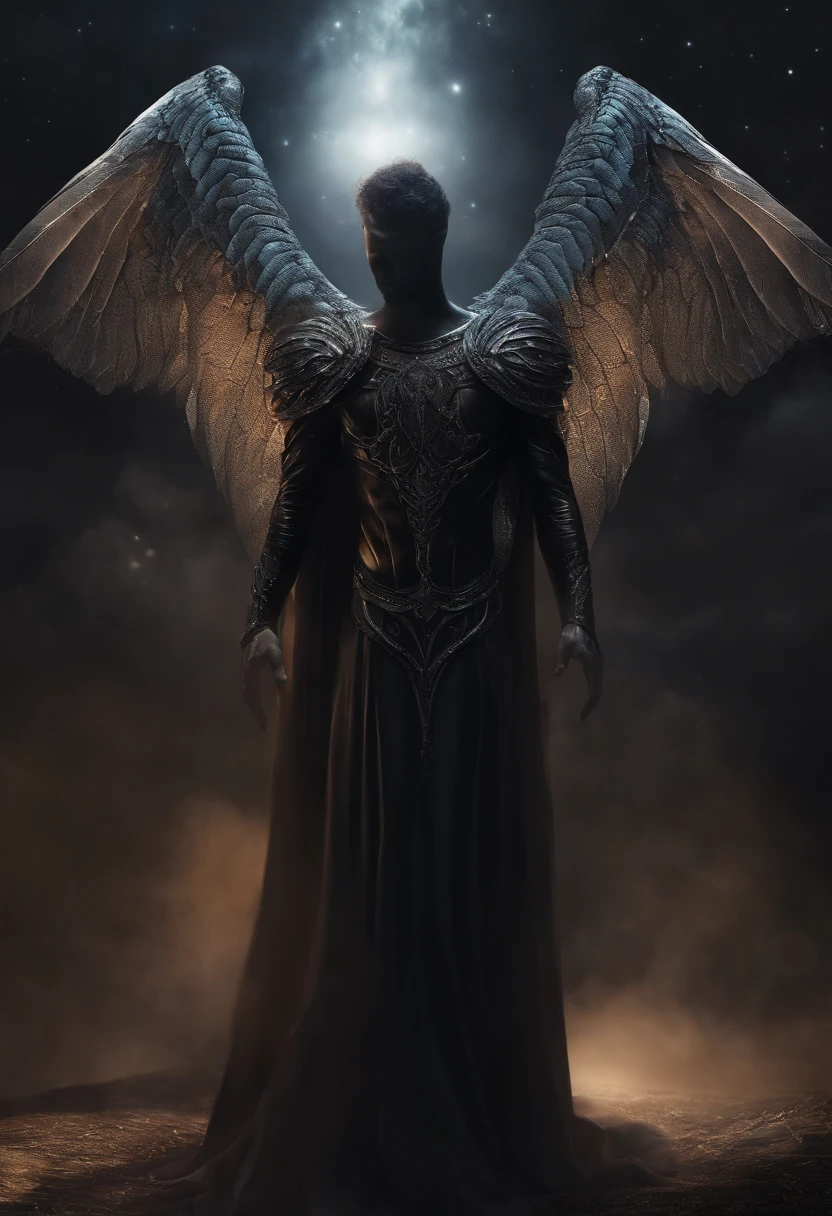 Estilo Fantasia, A creature made of dark matter that deforms and regenerates constantly. His form is that of a normal male human being. But, On top of the head there is a kind of floating halo. Ademais, nas suas costas, He has a pair of floating wings that are not connected to his body.