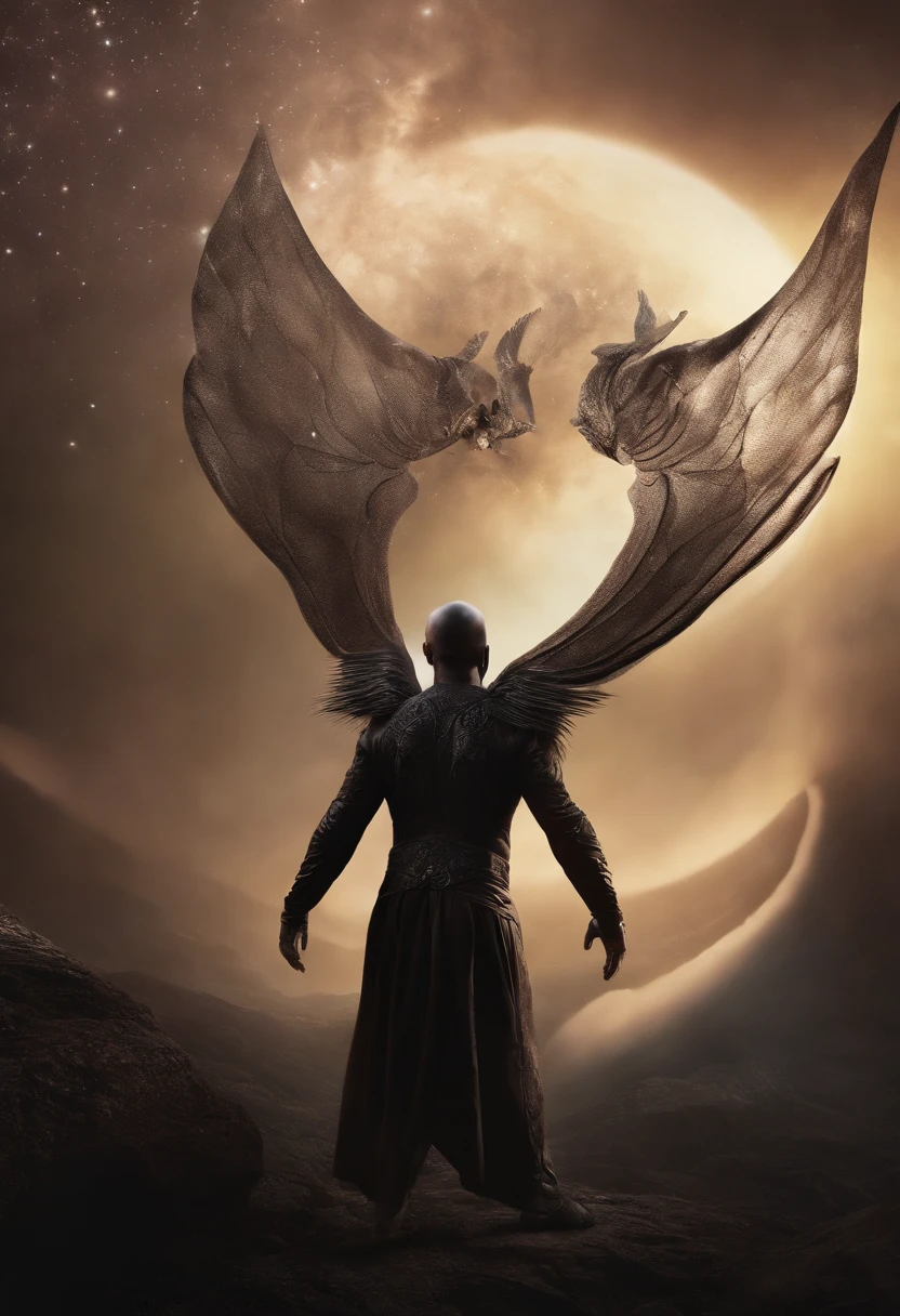 Estilo Fantasia, A creature made of dark matter that deforms and regenerates constantly. His form is that of a normal male human being. But, On top of the head there is a kind of floating halo. Ademais, nas suas costas, He has a pair of floating wings that are not connected to his body.