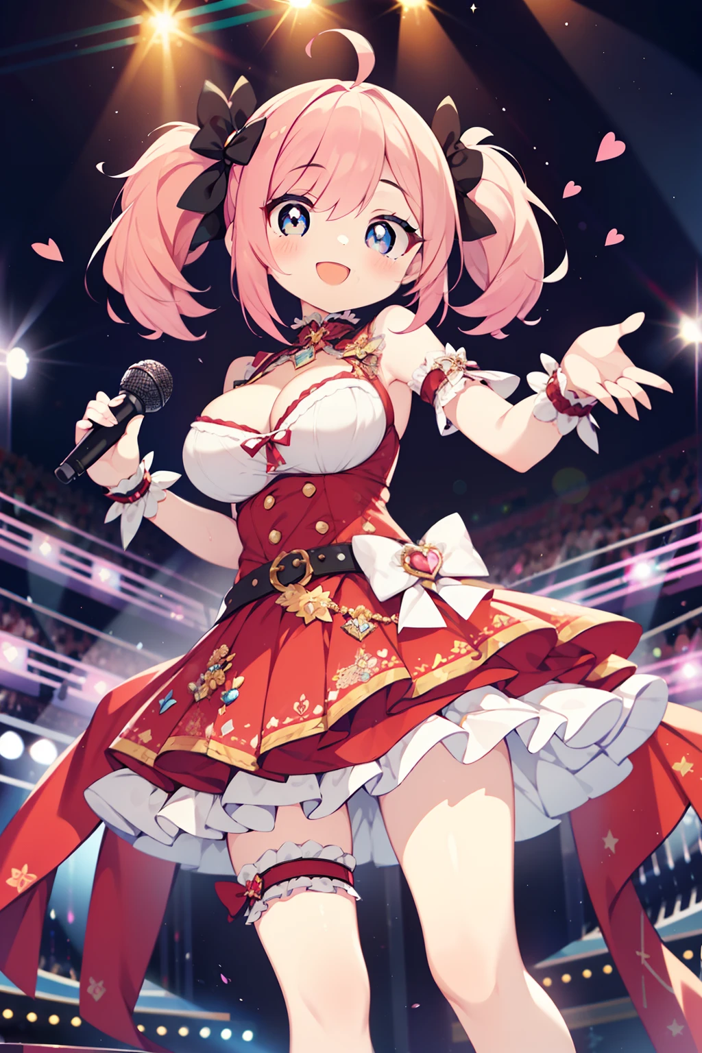 (1girl in:1.2), (Solo:1.2), (masutepiece:0.5), nffsw、Shaders、Brilliant Textured Work、Ultra-detailed eyes、ultra-intricate pupil in eyes、top-quality、idol、Idol costumes、Pink hair、Heart-shaped twin tails、red outfit、large full breasts、Breast bulge、cleavage cut out、White inner、Clear eyes、black eyes、round and large eyes、Crisp eyelashes、eye shadow、Opening Mouth、Singing、White Sugarter Belt、a frilled miniskirt、Clothing with a lot of frills、Idle tights、Idol shoes、microphone、idol stage、spot light、confeti、Audience in silhouette、from below、Looking here、length hair、huge ahoge、Innocent、(Point to this one:1.5)、Happy smiling face、Angel smile、Archaic Smile、skinny legs、