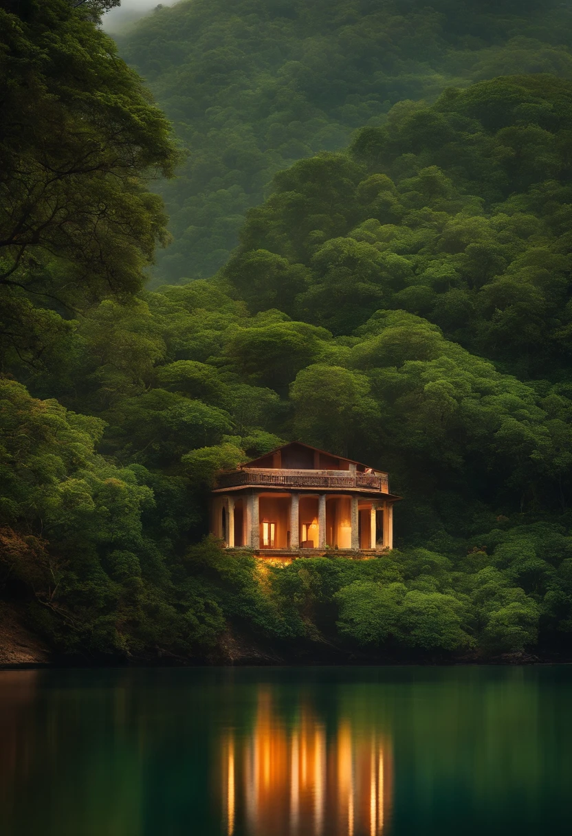 Uma casa simple com alpendre no alto de uma montanha com acesso a um rio ao lado de uma floresta de atmosfera tranquila e serena.