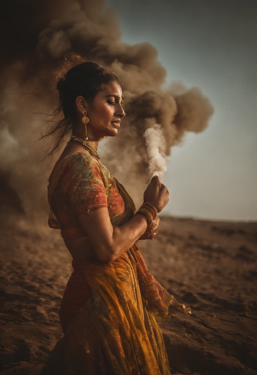 (high quality, High-res:1.2),photorealistic,beach stage show,Holi Festival,colorful smoke,ultra-detailed