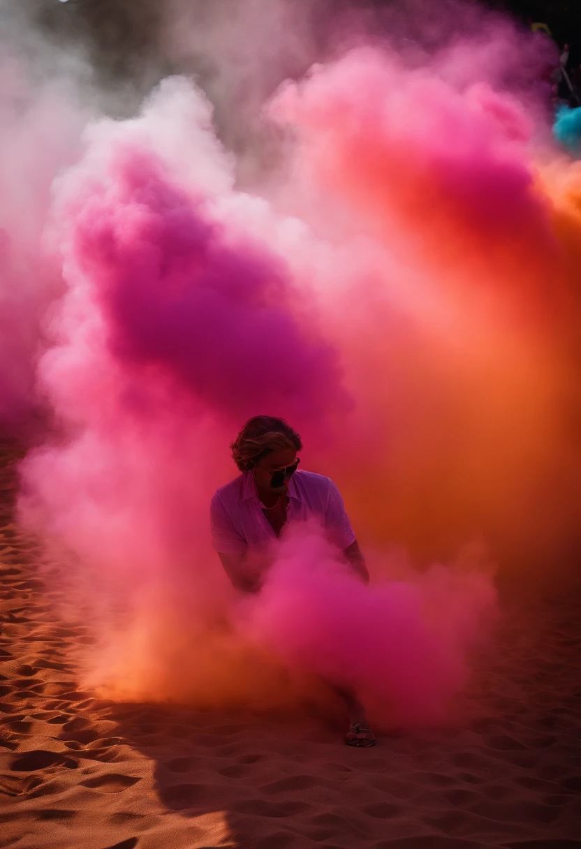 (melhor qualidade,Altas:1.2),fotorrealista,show no palco da praia,Festival do dia Holi,colorful smoke,ultra-detalhado