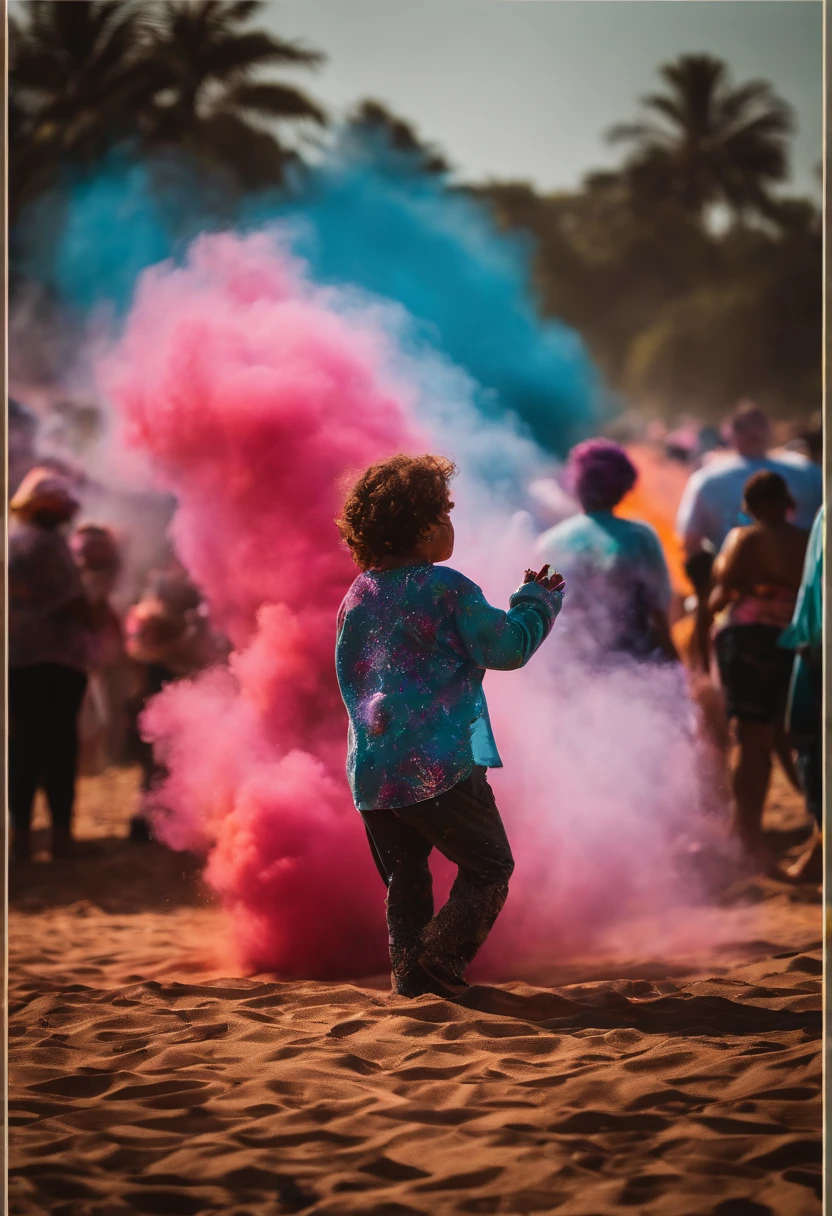 (melhor qualidade,Altas:1.2),fotorrealista,show no palco da praia,Festival do dia Holi,colorful smoke,ultra-detalhado