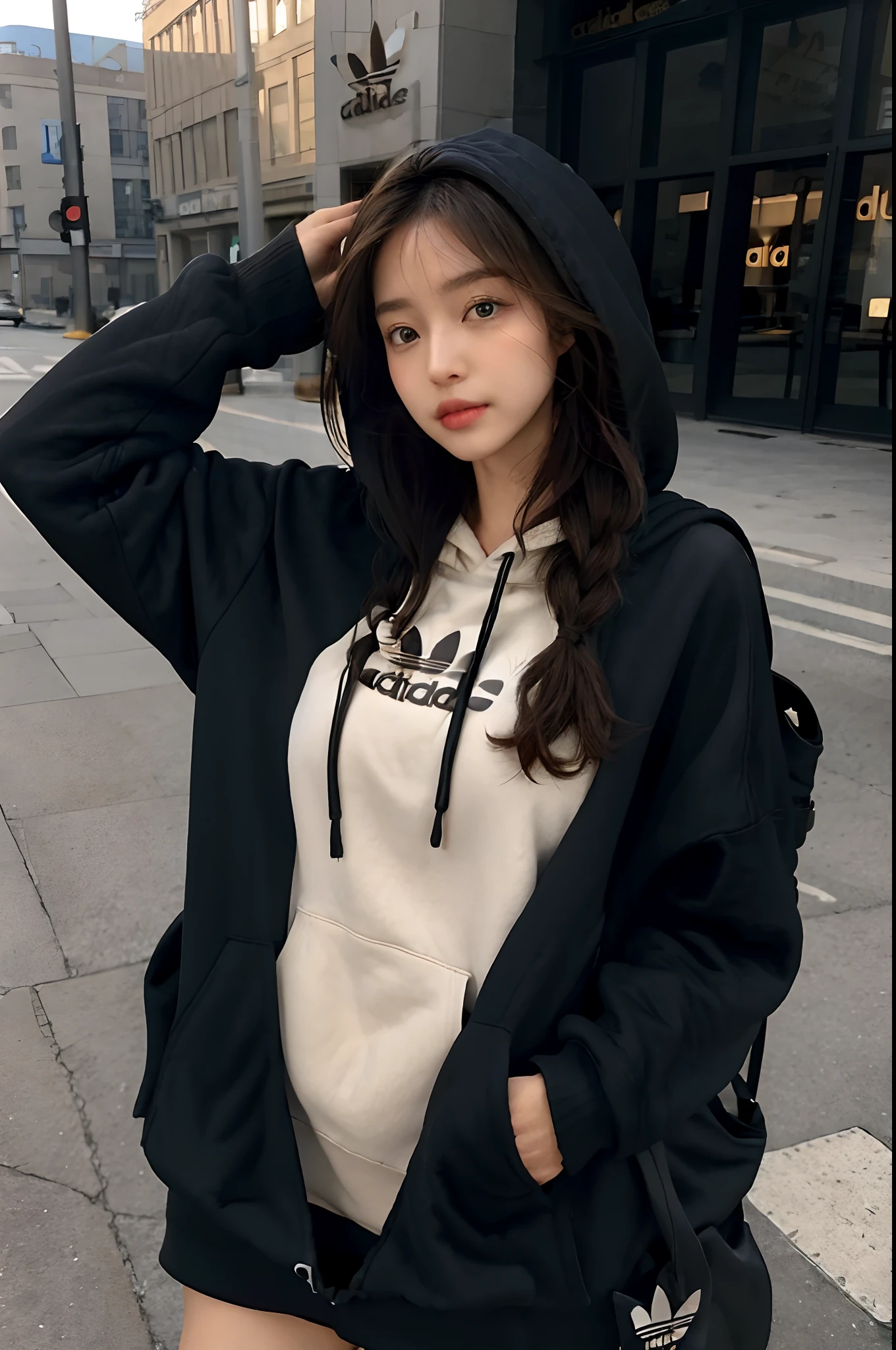 (frombelow:1.4)、((1girl in)),Light Brown Fringe Hair、Braided hair、disheveled hair、Light brown eyes、(dignified expression)、(爆乳:1.7)、Emphasize the valley、(Photorealsitic)、(intricate detailes:1.2)、(masterpiece、:1.3)、(top-quality:1.4)、(超A high resolution:1.2)、超A high resolution、(A detailed eye)、(detailed facial features)、(Detailed eyebrows)、(Detailed lips)、(Detailed nose)、(well proportioned face)、(The face of the golden ratio)、(Wear a fashionable oversized hoodie:1.4),(Adidas:1.4),(selfee:1.3)、nffsw、BREAK、(Carrying a big black backpack:1.3)