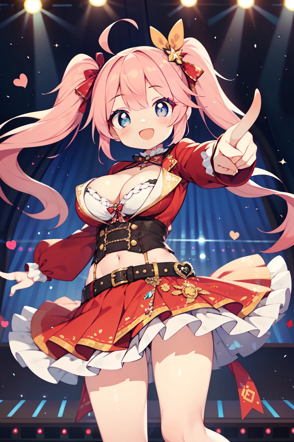 (1girl in:1.2), (Solo:1.2), (masutepiece:0.5), nffsw、Shaders、Brilliant Textured Work、Ultra-detailed eyes、ultra-intricate pupil in eyes、top-quality、idol、Idol costumes、Pink hair、Heart-shaped twin tails、red outfit、large full breasts、Breast bulge、cleavage cut out、White inner、Clear eyes、black eyes、round and large eyes、Crisp eyelashes、eye shadow、Opening Mouth、Singing、White Sugarter Belt、a frilled miniskirt、Clothing with a lot of frills、Idle tights、Idol shoes、microphone、idol stage、spot light、confeti、Audience in silhouette、from below、Looking here、length hair、huge ahoge、Innocent、(pointing:1.5)、Happy smiling face、Angel smile、Archaic Smile、skinny legs、